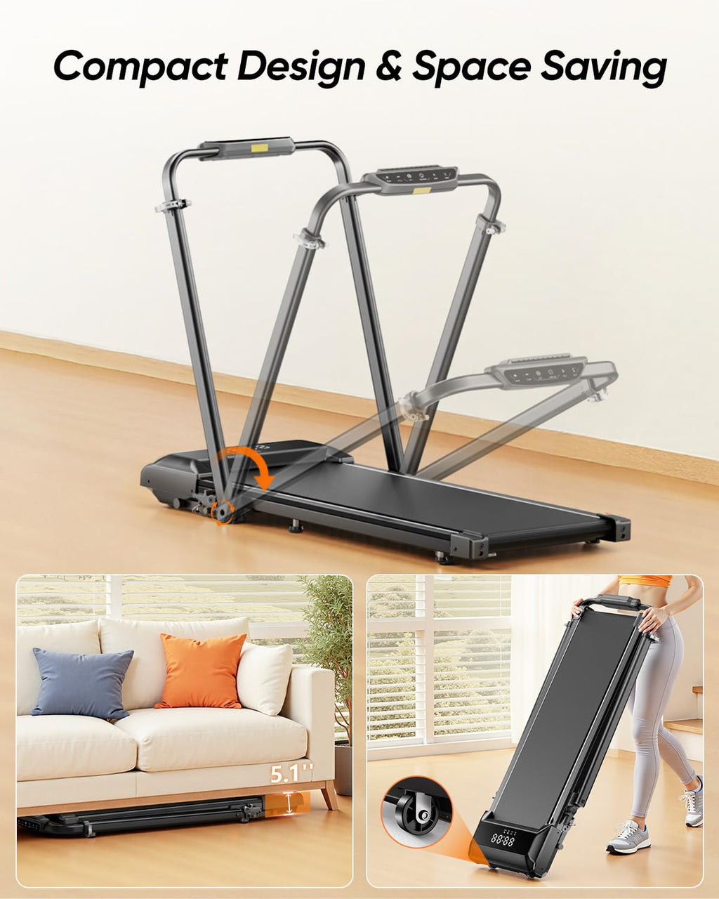 Walking Pad Treadmill with 12% Incline, Folding Treadmill with Adjustable Height Handle Bar for Home/Office