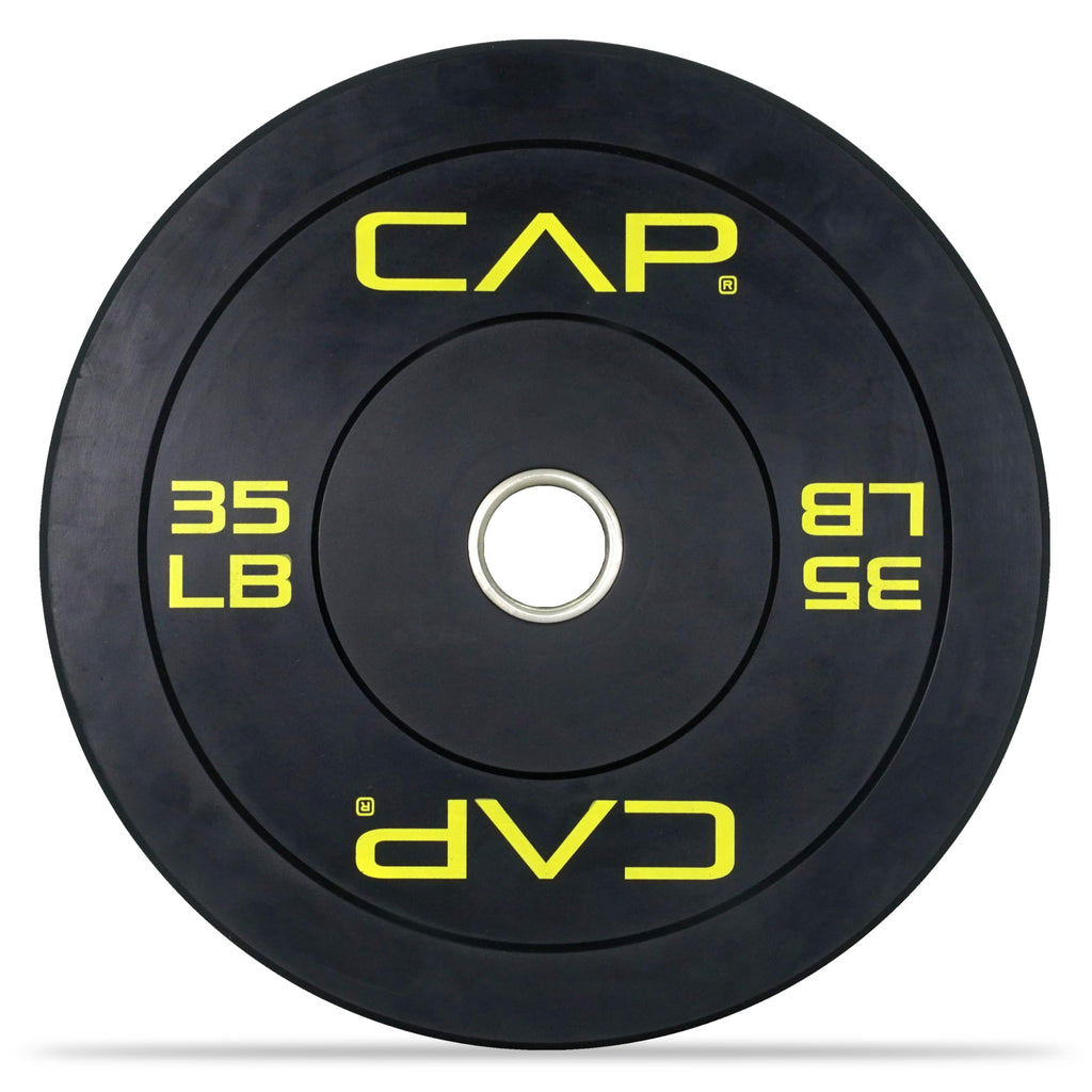 Cap Barbell Budget Olympic Bumper Plate With Yellow Logo, Black, 35 Lb Single