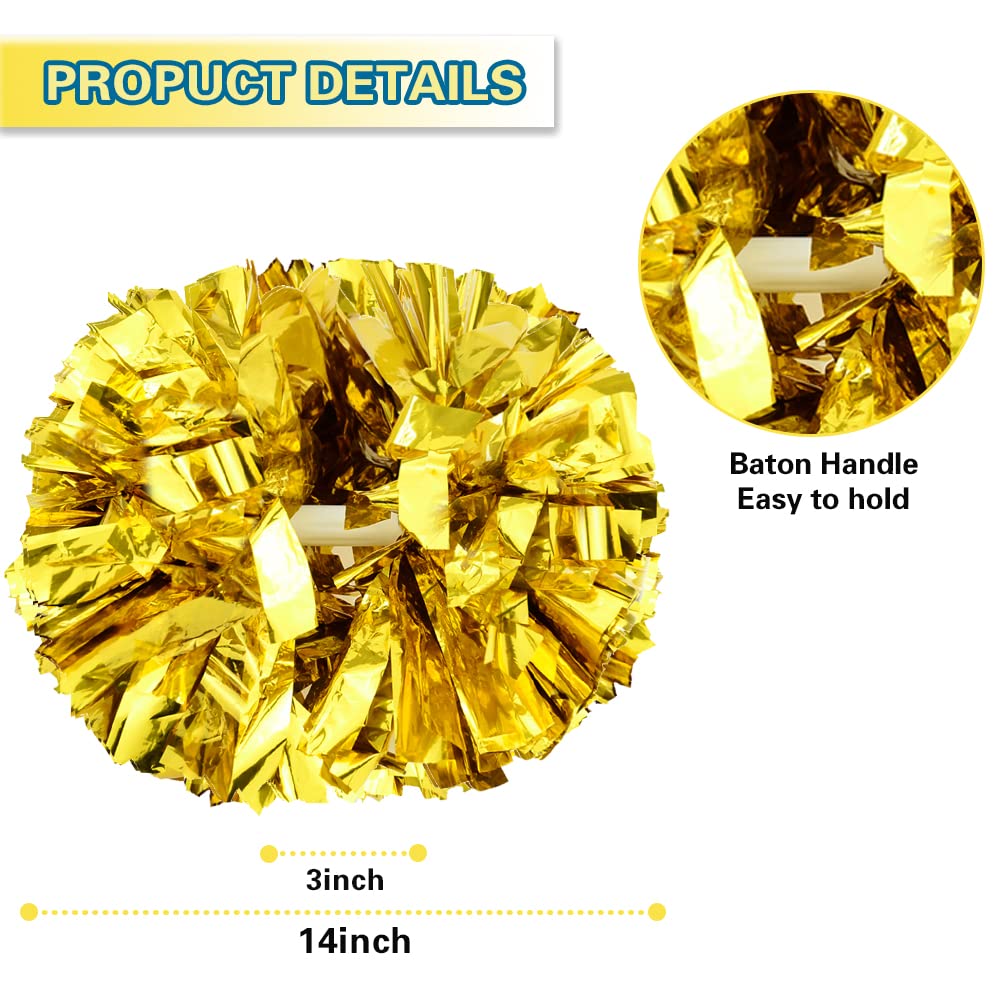 Lovecheer 2Pcs Pom Poms Cheerleading Gold Metallic Cheer Pom Poms With Baton Handle For Sports Team Spirit Party Cheering