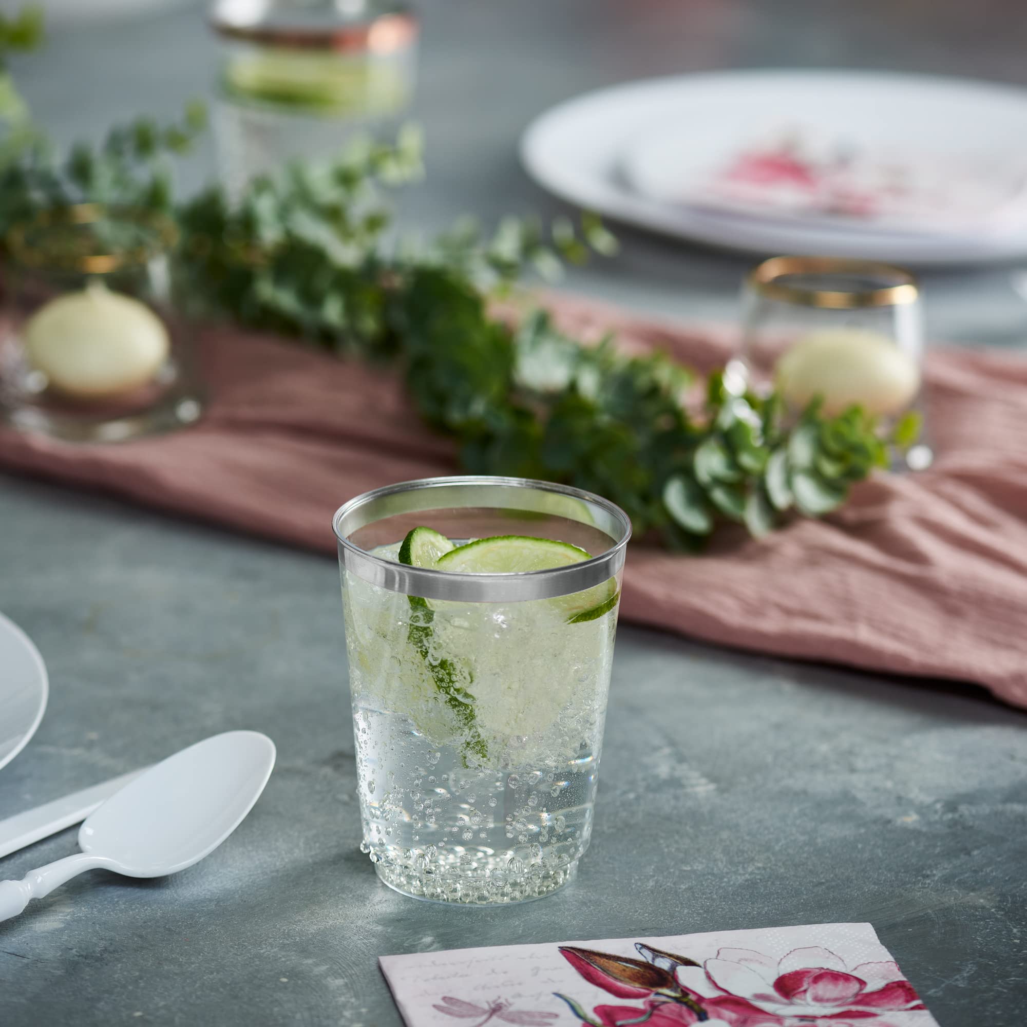 Plasticpro Disposable 10 Oz Crystal Clear Plastic Tumblers With Silver Rim For Partys  Weddings Pack Of 100