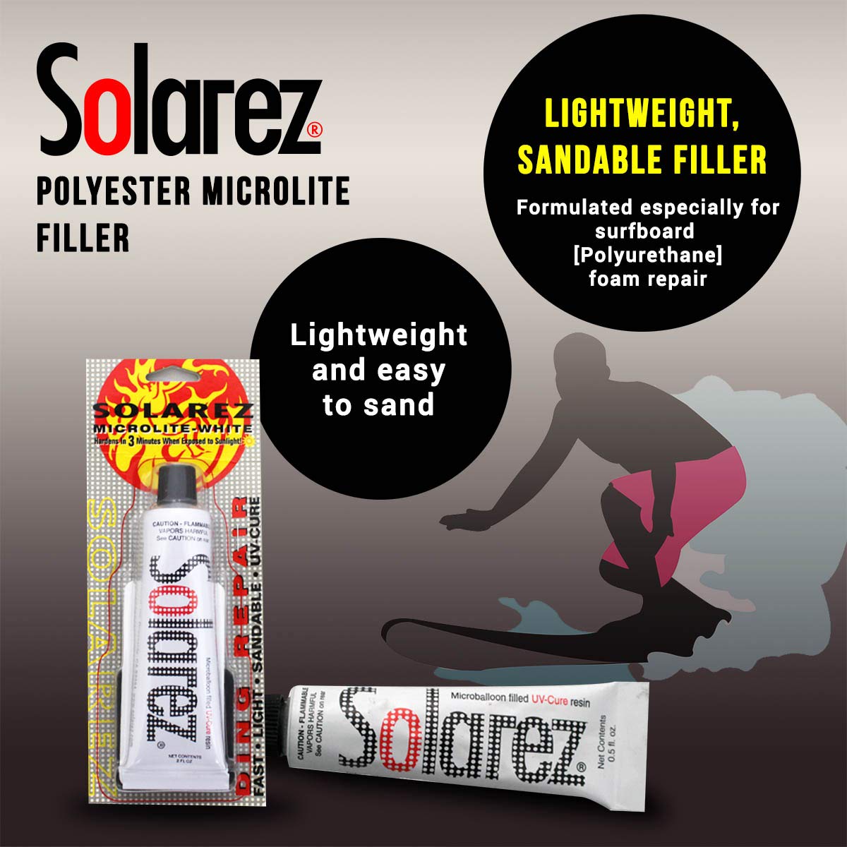 Solarez Uv Cure Microlite White Polyester Ding Repair Filler (0.5 Oz) - Surfboard Repair Foam With 60/240 Grit Sand Pad & Spread