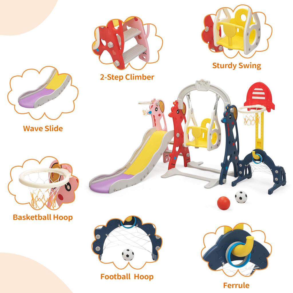 Neekoy 6-In-1 Toddler Slide And Swing Set For Kids, Toddler Swing With Basketball Hoop, Suitable For Outdoor Indoor Playground F