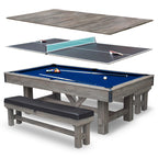 Hathaway Logan 7-Ft Pool Table Combo Set With Benches - Rustic Gray With Blue Felt, Barnwood