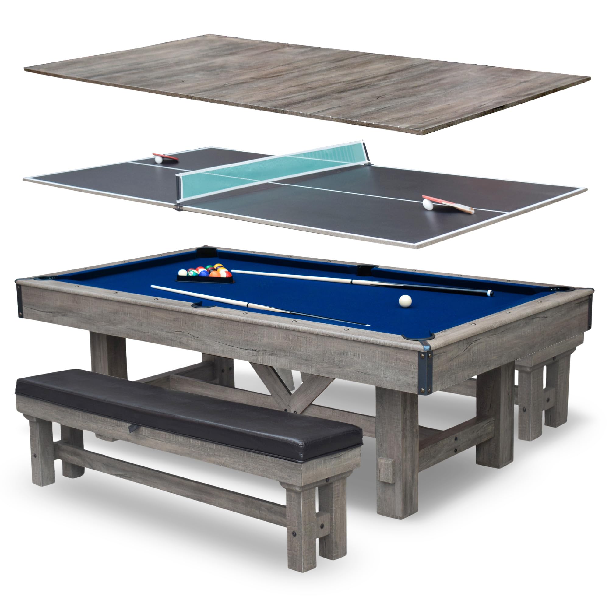 Hathaway Logan 7-Ft Pool Table Combo Set With Benches - Rustic Gray With Blue Felt, Barnwood