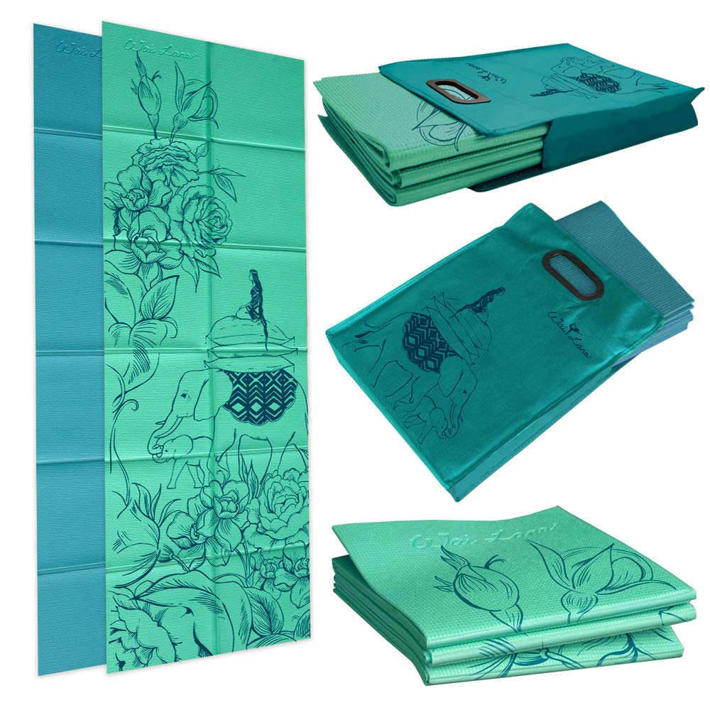 Folding Yoga Mat (Thickness: 4Mm; Folded Size: 29Cm X 30.5 Cm X 5Cm) And Tote - Mat Design: Wandering Elephants - Color: Azure G