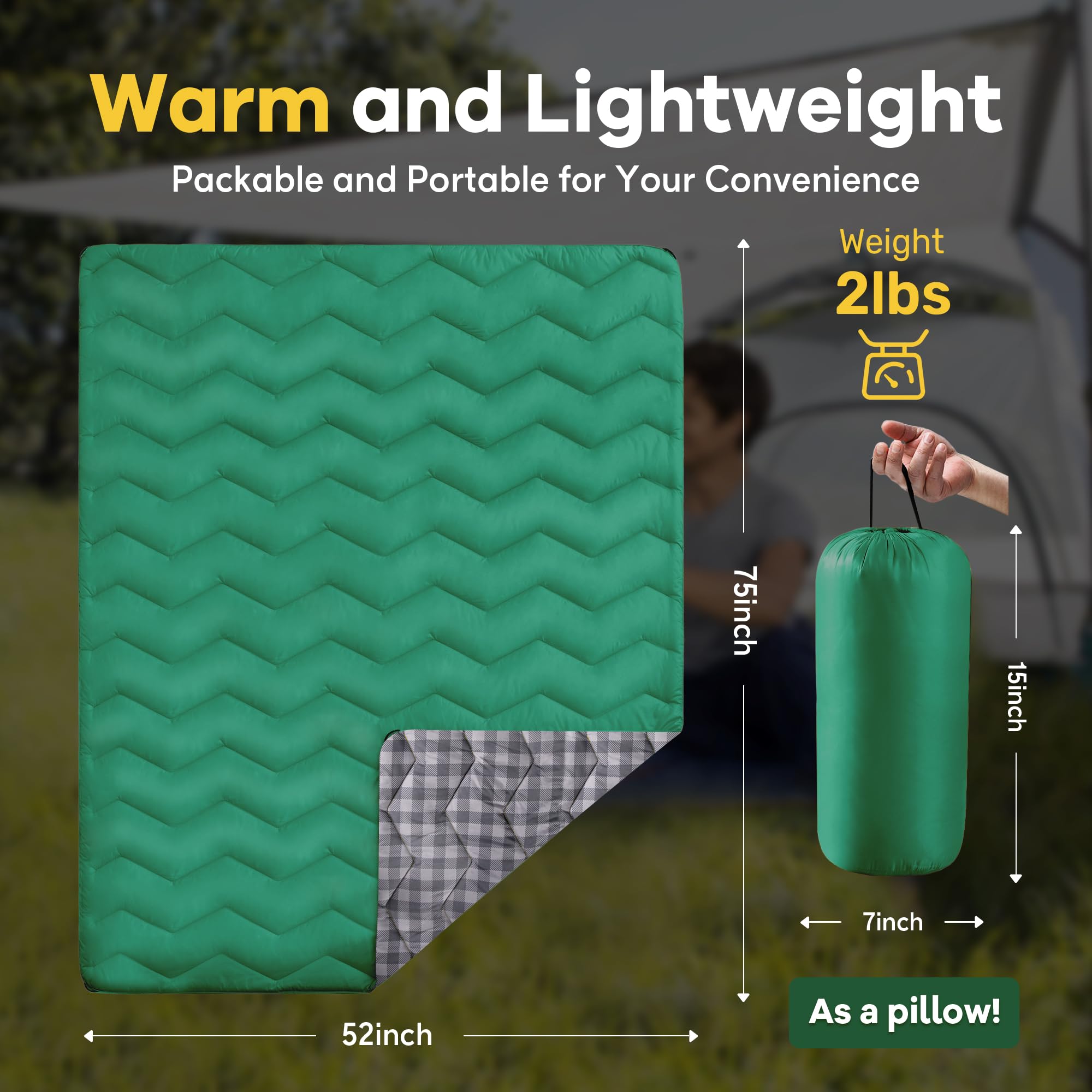 Unikome Lightweight & Waterproof Outdoor Camping Travel Blanket, Puffy Down Alternative With Corner Loops, 7552, Green