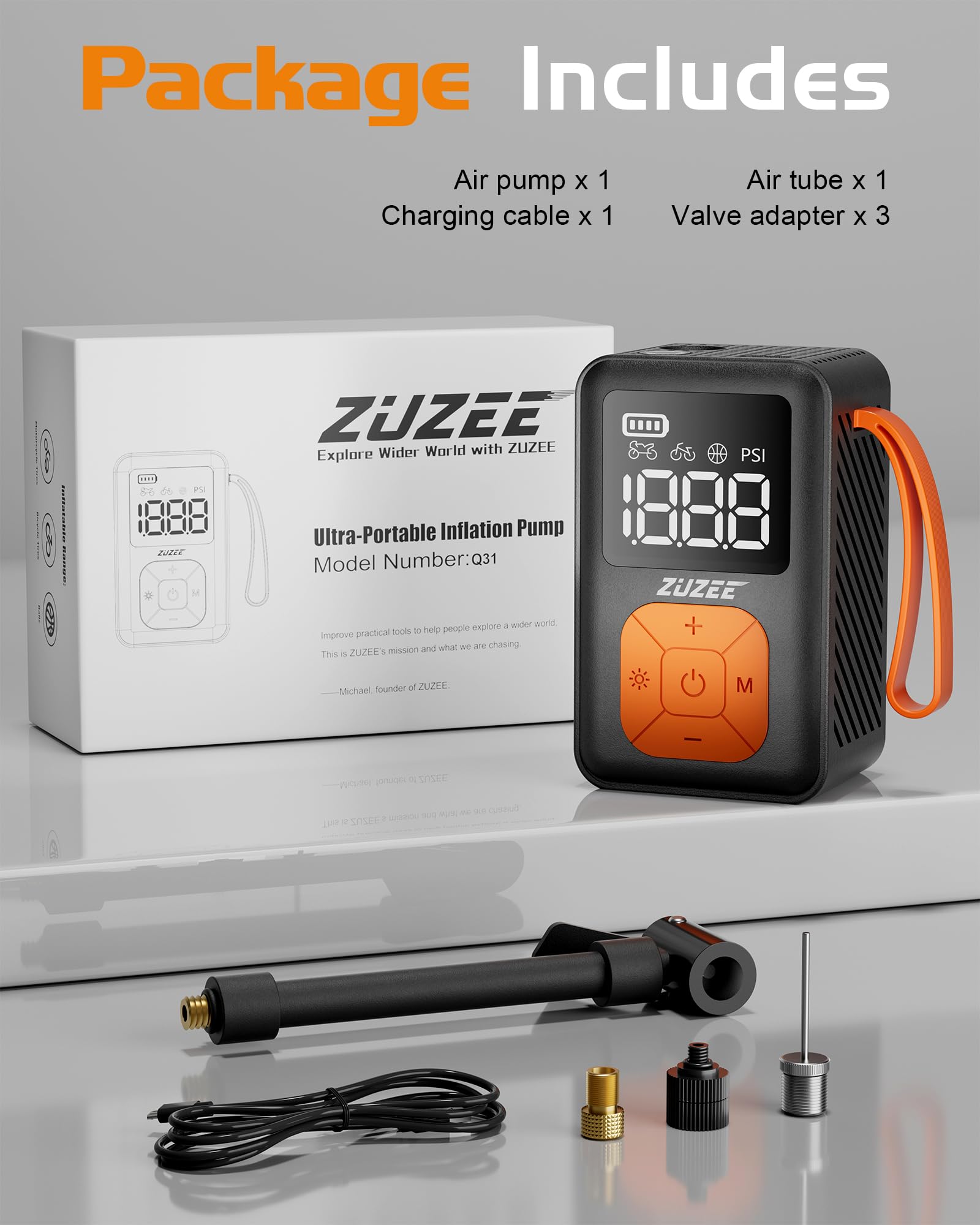 ZUZEE Mini Bike Pump, 150 PSI Portable Bicycle Pump with Gauge, 3X Faster & Auto Stop & Brushless Motor, Electric Bike Tire Pump