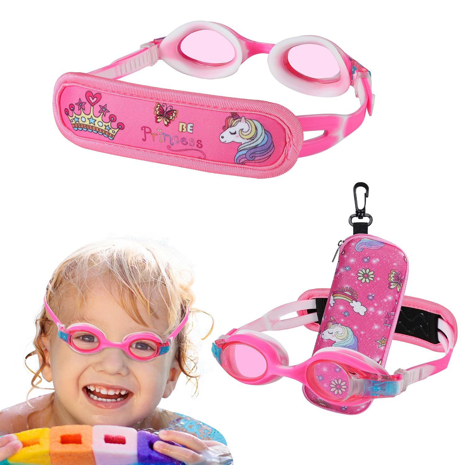 HYDROCOMFY Swim Goggles 3/4/5/6 years Old,kids Goggles for swimming, Pink Princess swim goggles for girls