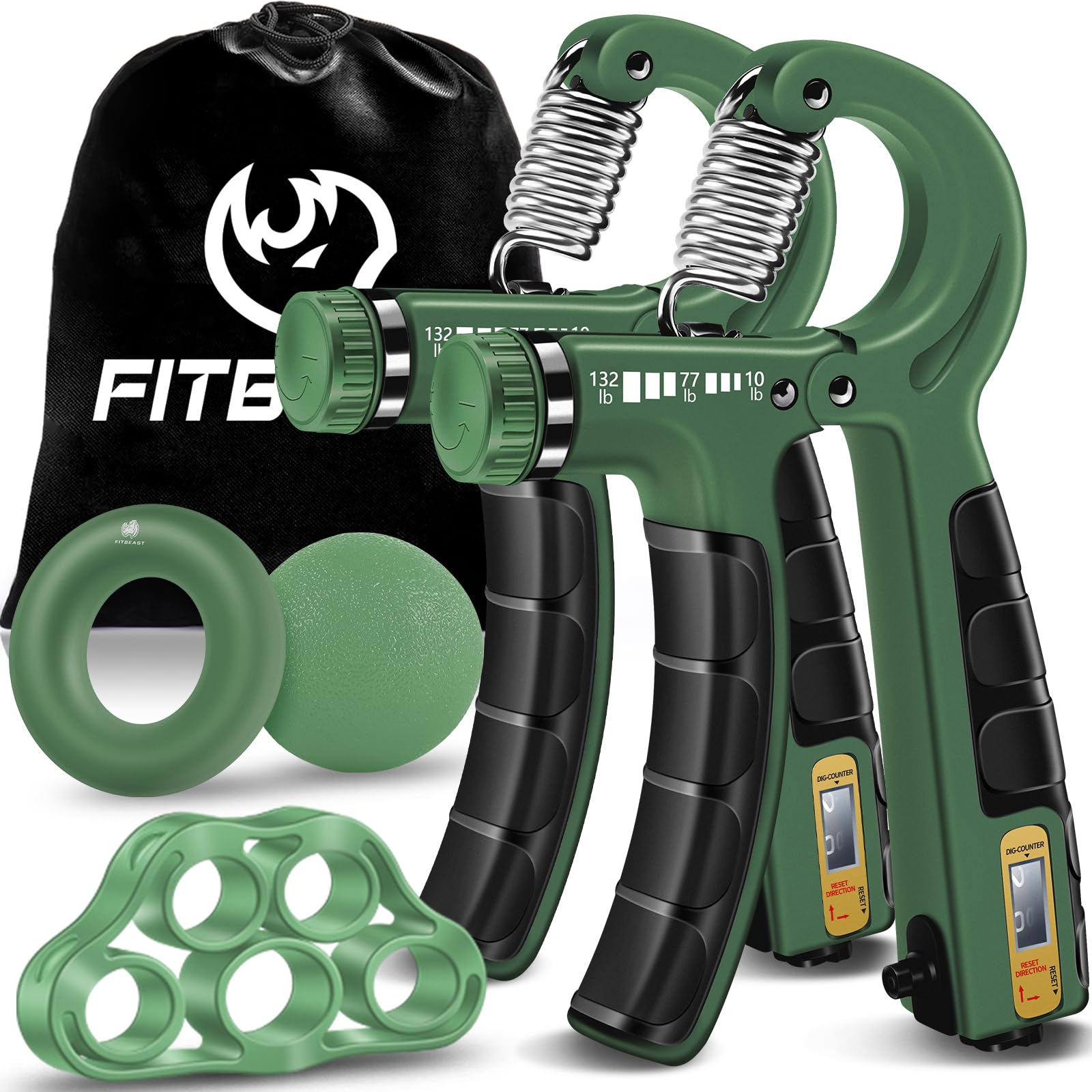 Fitbeast Dual Count Grip Strength Trainer Set, Optimizer Forearm, Wrist, And Hand Power - 5 Pack Adjustable Resistance, Dark Gre
