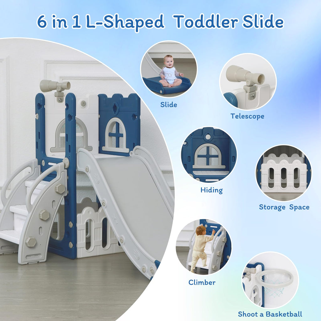 LulliSpace 6 in 1 Toddler Slide for Toddler&Kids,Kids Climber Slider for Indoor Outdoor Playground with Storage,Telescope,Basket