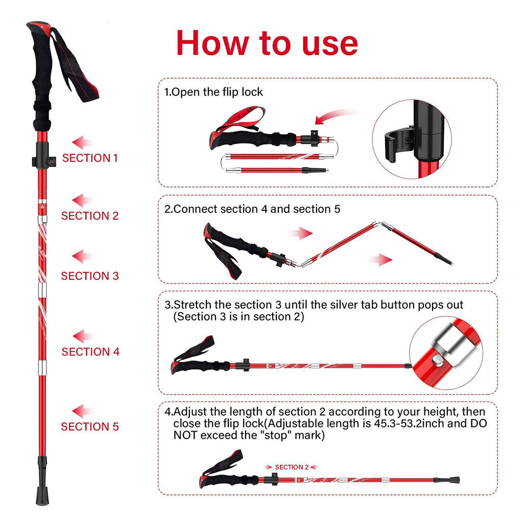 Bisinna Collapsible Trekking Hiking Poles- 2 Pack Folding Aluminum Walking Sticks With Quick Lock System 4 Season Accessories,Te