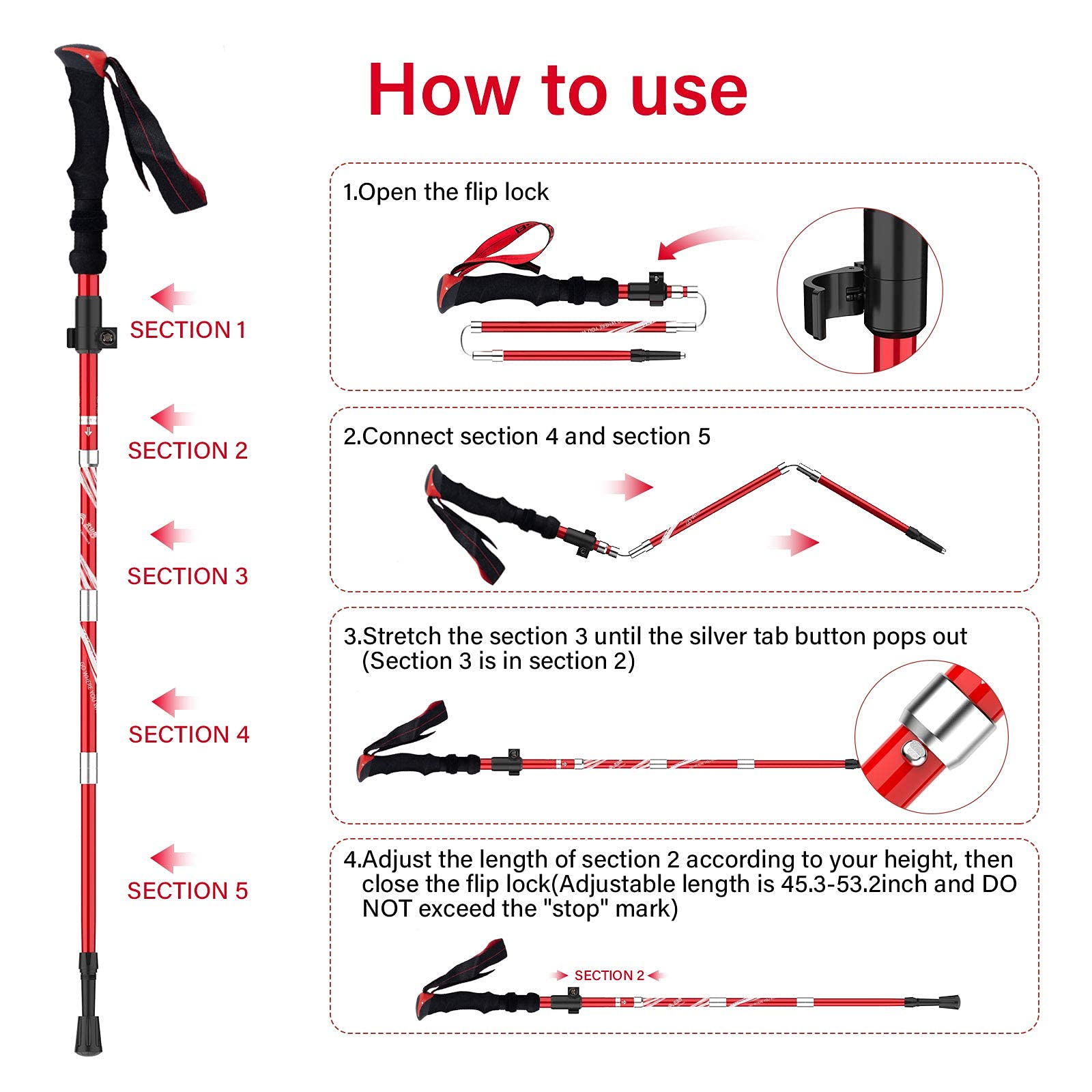Bisinna Collapsible Trekking Hiking Poles- 2 Pack Folding Aluminum Walking Sticks With Quick Lock System 4 Season Accessories,Te