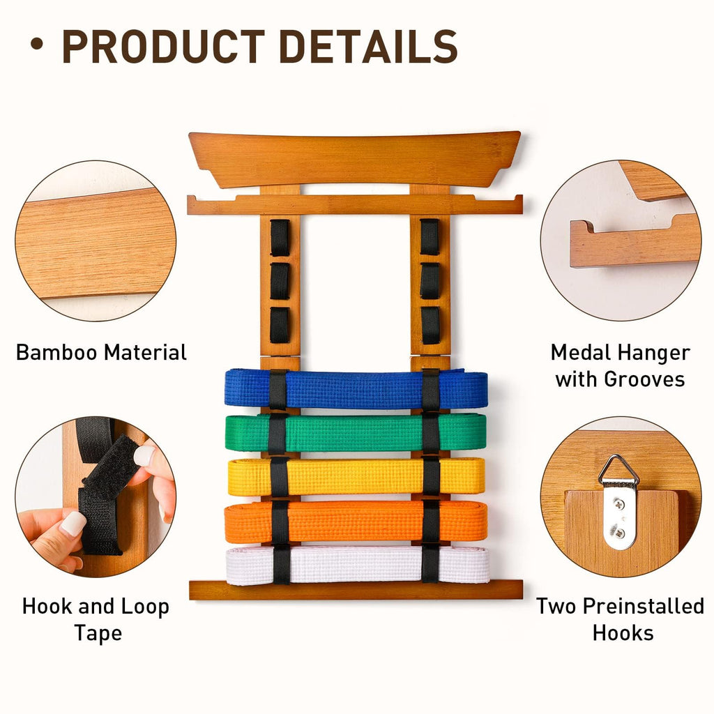 Tilhumt Karate Belt Display Rack Holder, Bamboo Taekwondo Belt Display With Stickers, Martial Arts Belt Display For 8 Belts With
