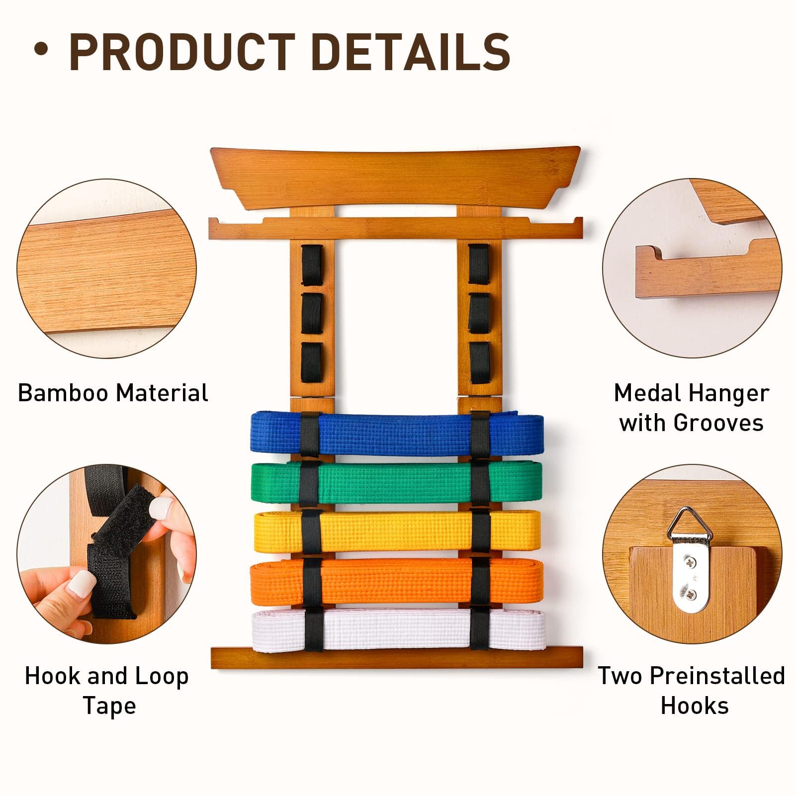 Tilhumt Karate Belt Display Rack Holder, Bamboo Taekwondo Belt Display With Stickers, Martial Arts Belt Display For 8 Belts With