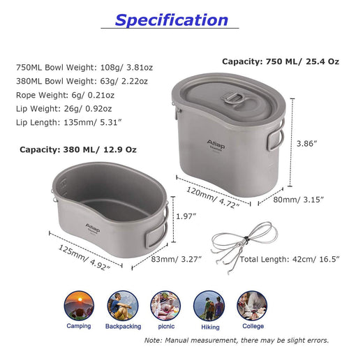 Atiap Titanium Canteen Mess Kit With Folding Handle Hanging Ring Ultralight Portable For Lunch Outdoor Camping Hiking