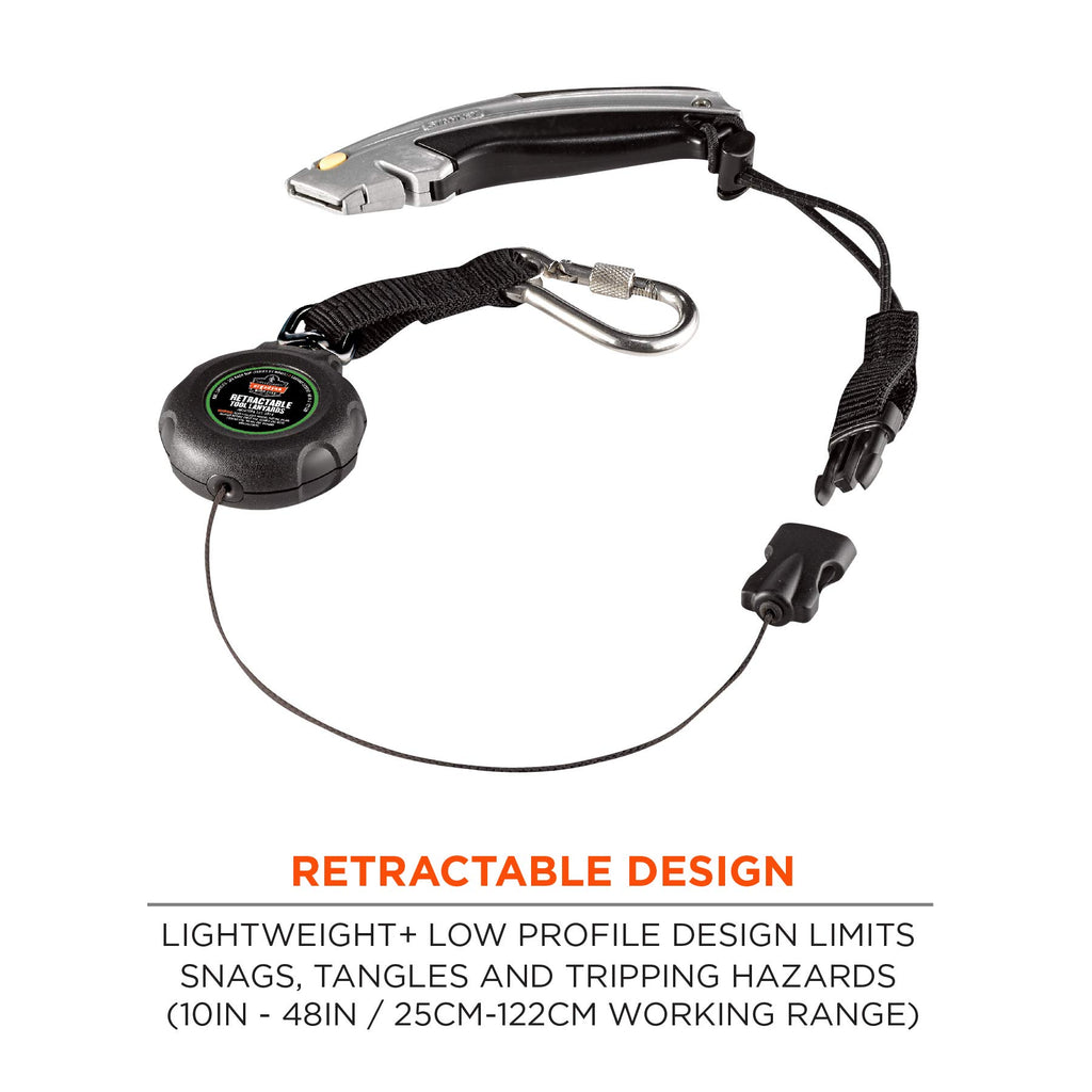 Ergodyne Squids 3001 Retractable Tool Lanyard With Carabiner Mount And Loop Attachment End, Tool Weight Capacity 2 Lbs,Black