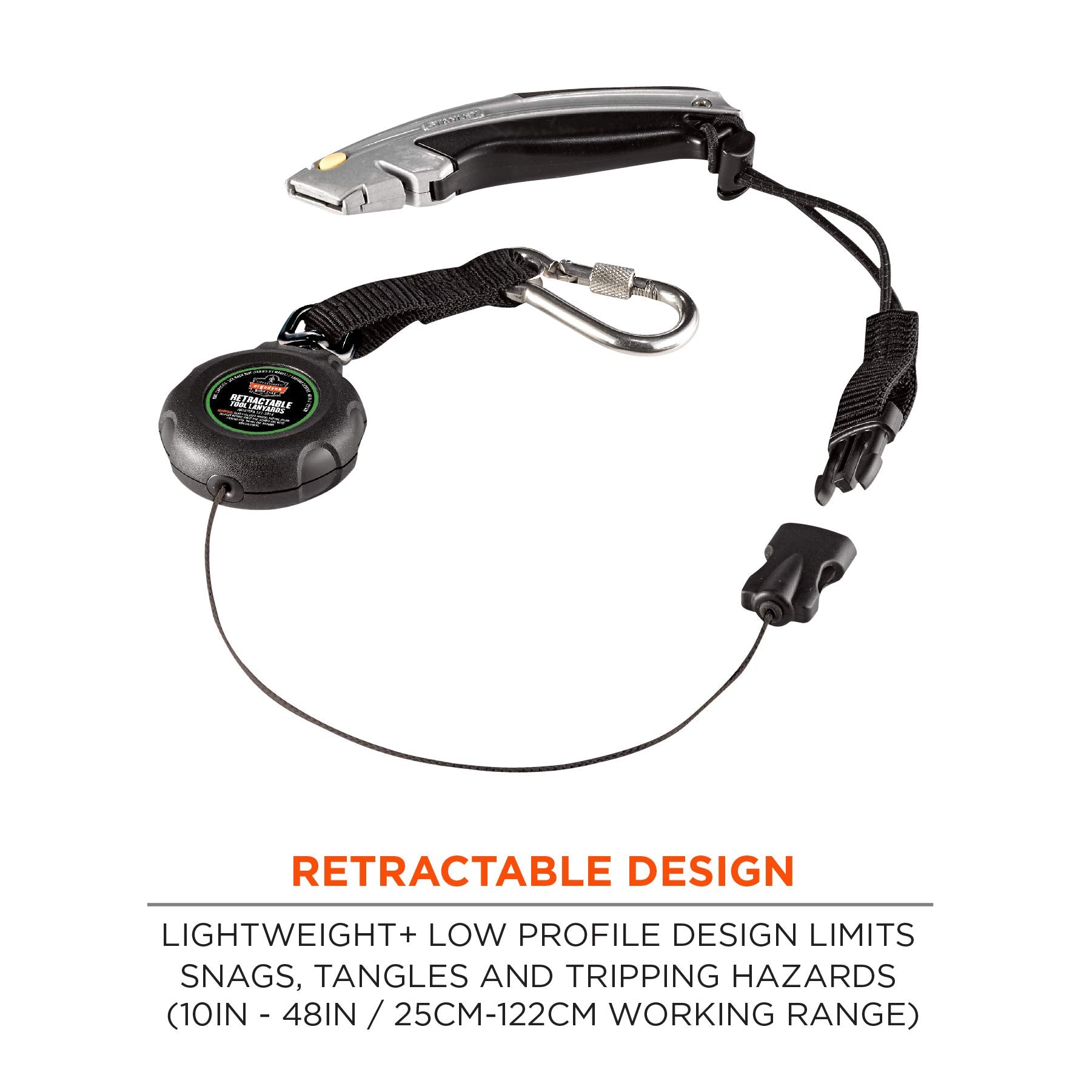 Ergodyne Squids 3001 Retractable Tool Lanyard With Carabiner Mount And Loop Attachment End, Tool Weight Capacity 2 Lbs,Black