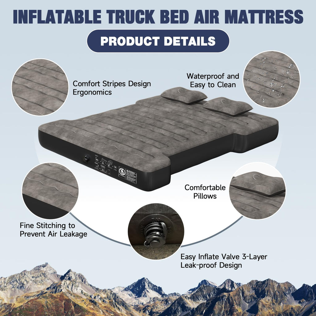 Uncle Elk Truck Bed Mattress 5.5-5.8Ft: Inflatable Air Mattress For Camping Short Truck Bed 2 Person, Air Pump 2 Pillows, Carry