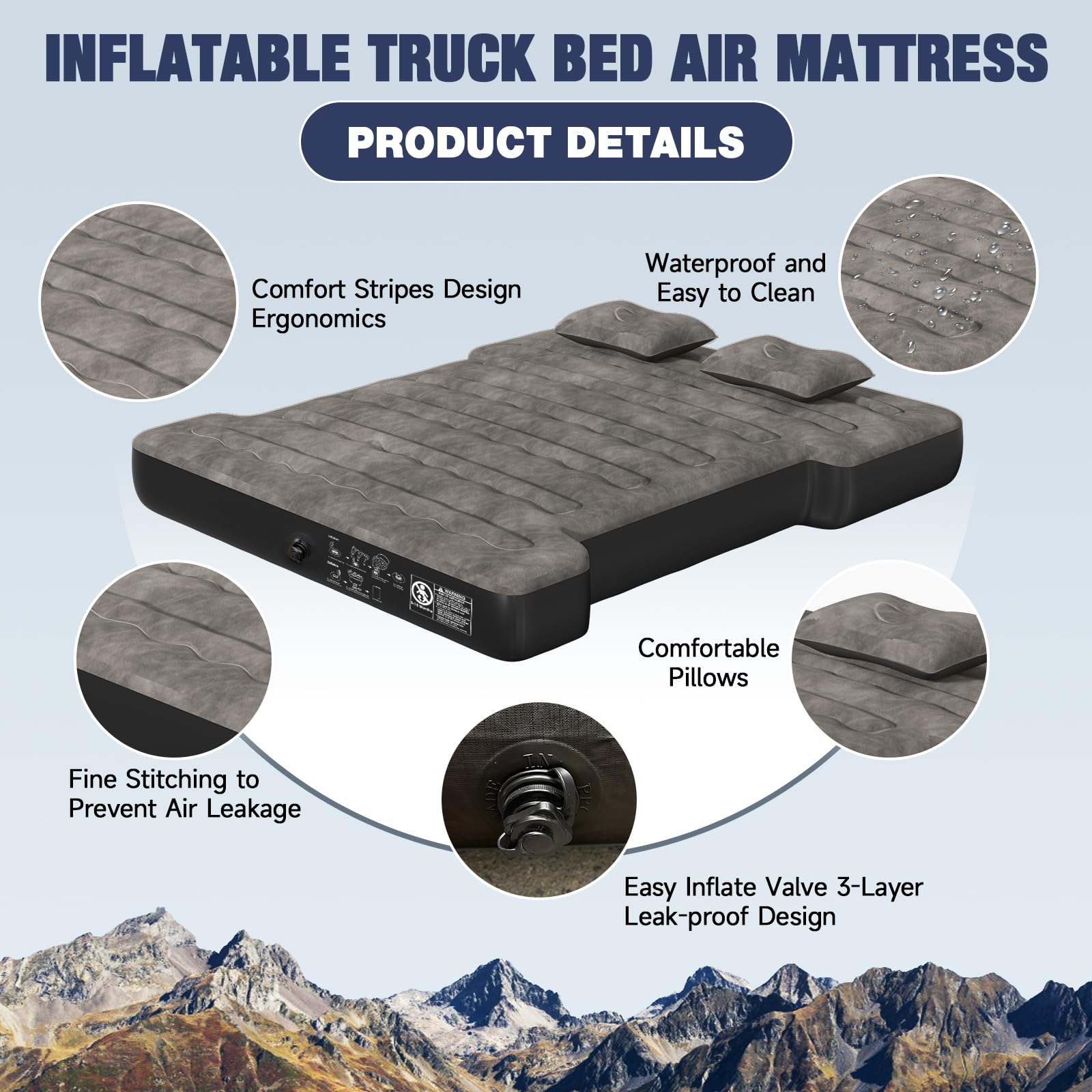 Uncle Elk Truck Bed Mattress 5.5-5.8Ft: Inflatable Air Mattress For Camping Short Truck Bed 2 Person, Air Pump 2 Pillows, Carry