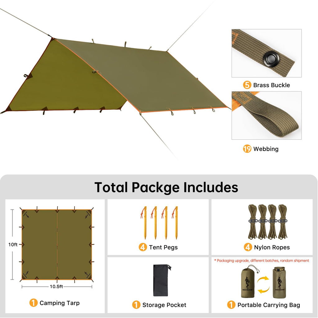 Free Soldier Waterproof Portable Tarp Multifunctional Outdoor Camping Traveling Awning Backpacking Tarp Shelter Rain Tarp (Brown