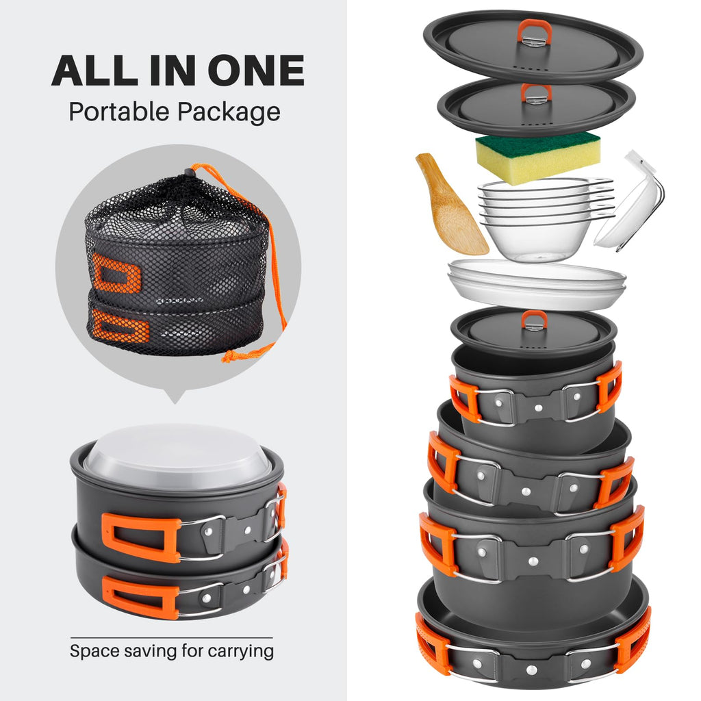 Odoland 15Pcs Camping Cookware Non-Stick Lightweight Camping Pots And Pans Set With Plastic Plates Bowls Soup Spoon For Camping,