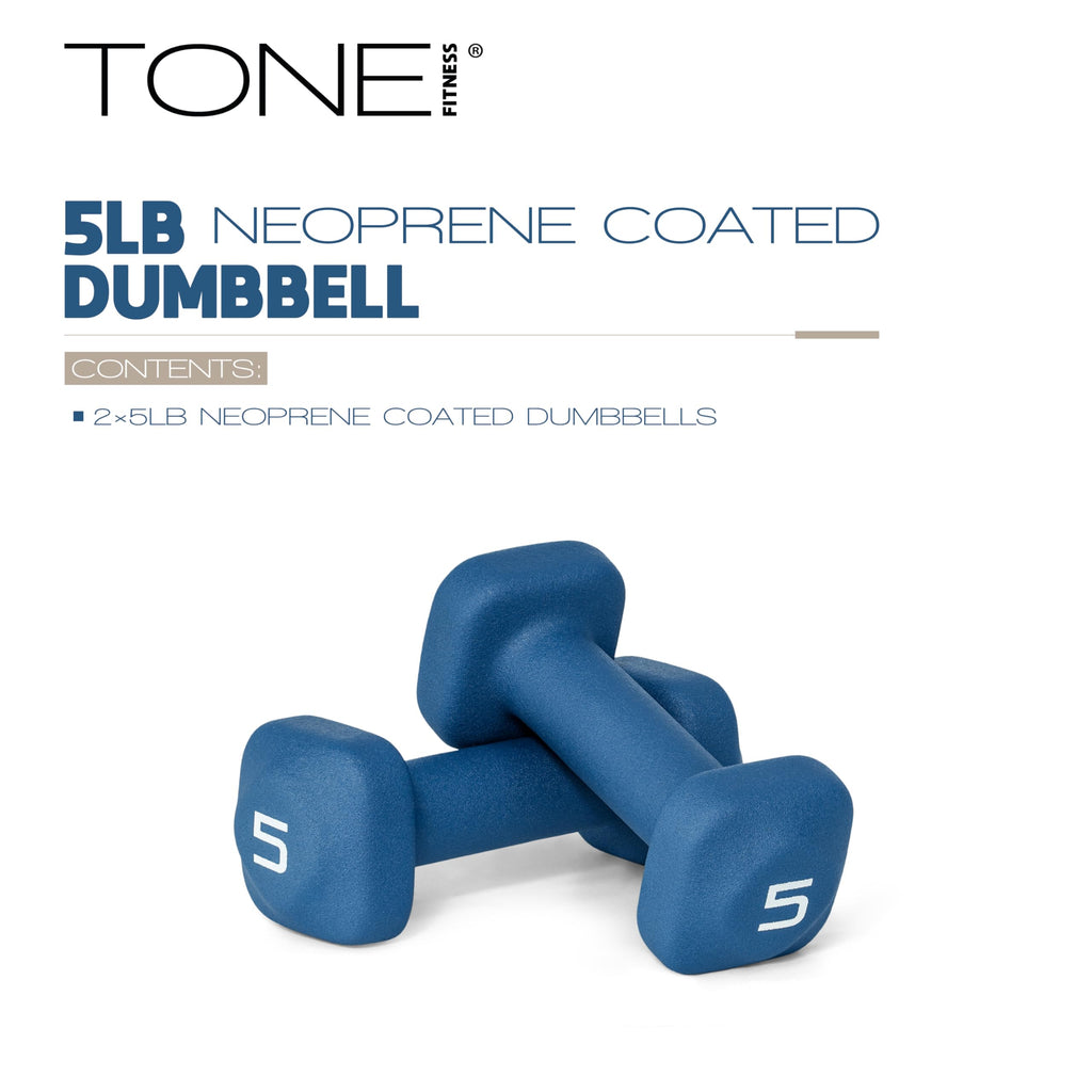 Tone Fitness 5 lb Neoprene Dumbbell Pair for Home Workouts - Non-Slip Design - Blue