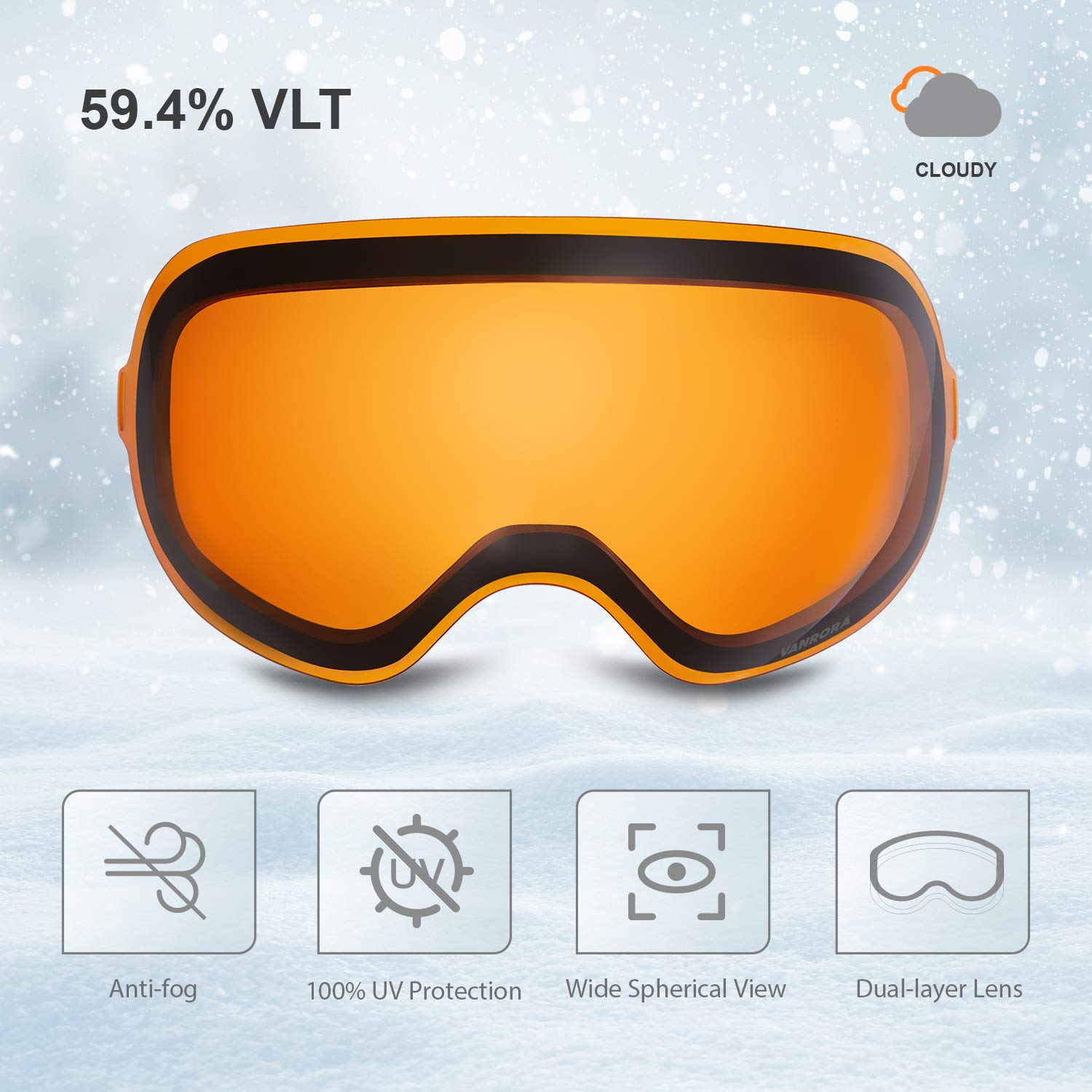 Vanrora X-Mag Ski Goggles Replacement Lens, Vlt 59.4% Orange Lens