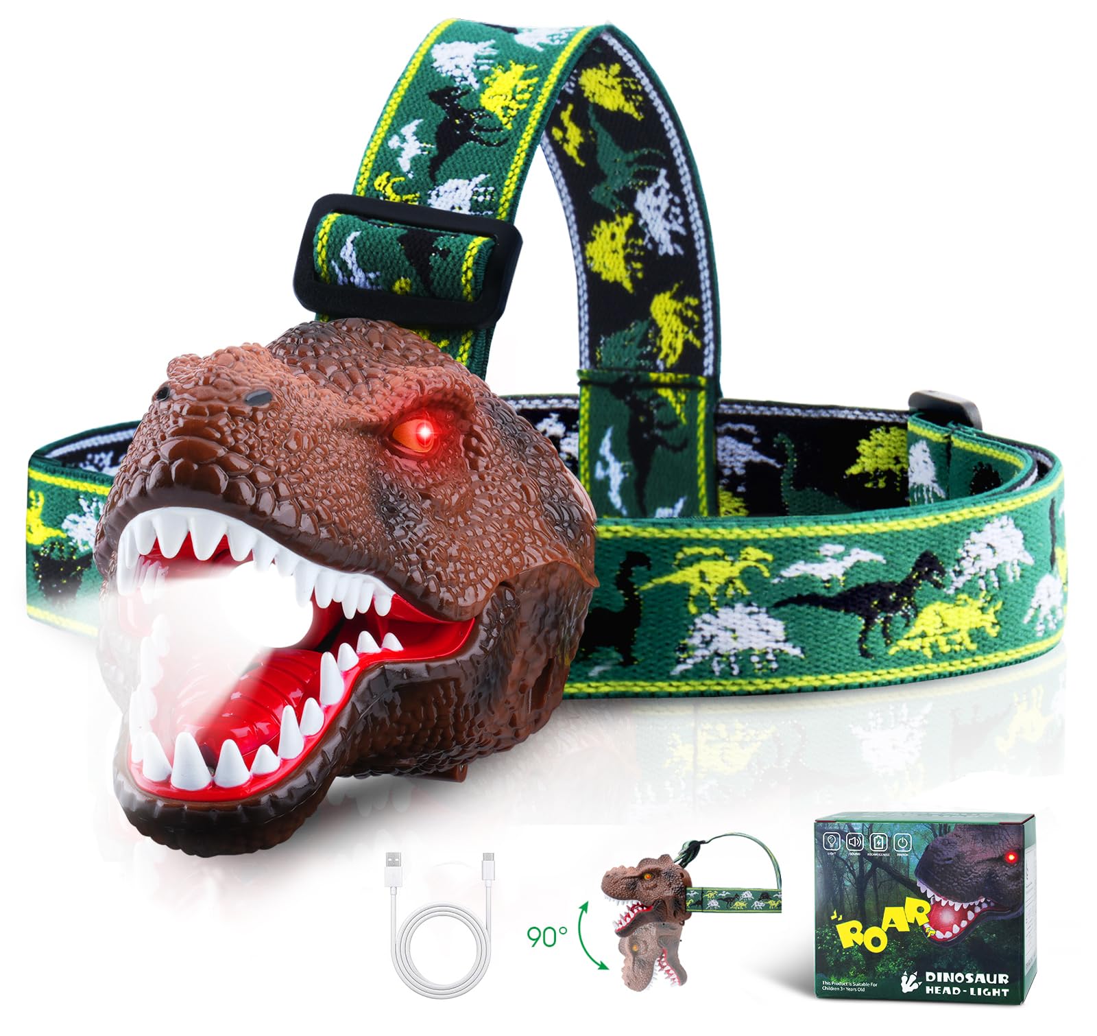 ELLA MAMA Upgraded Rechargeable Dinosaur Headlamp for Kids, Led Flashlight for Boys or Girls Outdoor Camping Gear, Roar & Silent