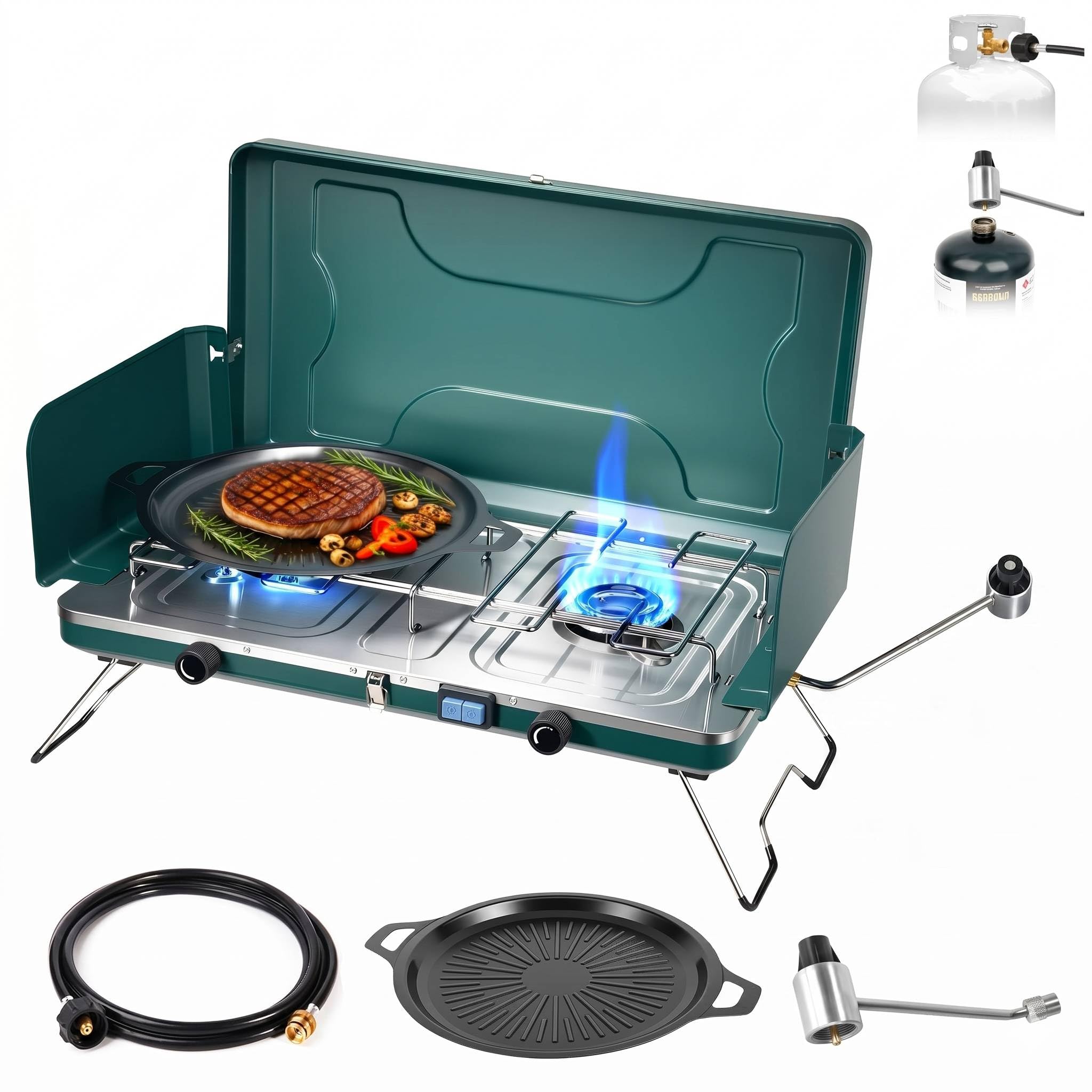 GOSPOWOR 2 Burner Propane Stove, 20000BTU Portable Camping Stove with 2 Adjustable Burner and Wind Guards, Camping Cooktop with 