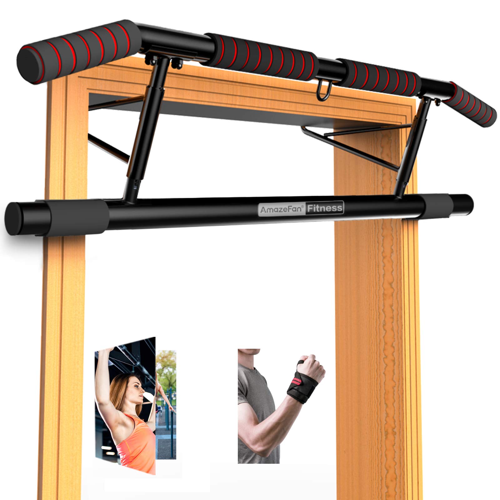 Amazefan Pull Up Bar Doorway With Ergonomic Grip - Fitness Chin-Up Frame For Home Gym Exercise - 2 Professional Quality Wrist St