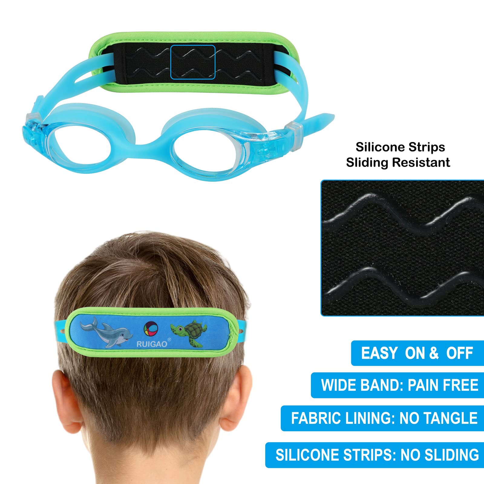 Ruigao Kids Swim Goggles Age 2-6, Toddler Goggles No Hair Pull,Child Goggles Padded Headband (1Pk Toddler - Turtle & Dolphin)
