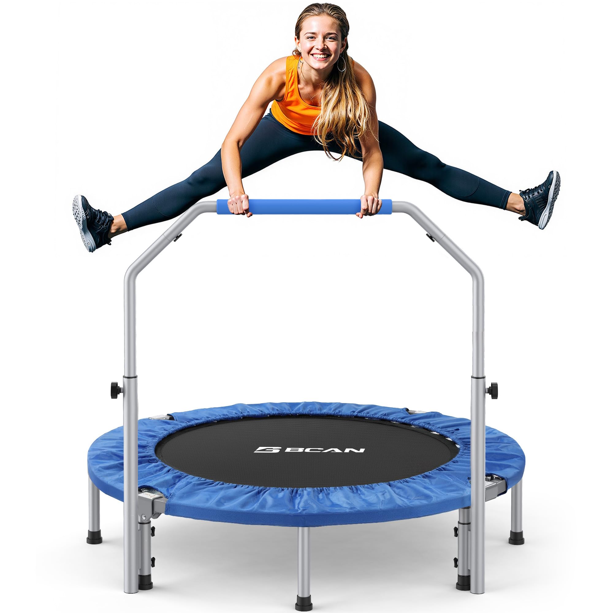 BCAN 40/48 Foldable Mini Trampoline Max Load 330lbs/440lbs, Fitness Rebounder with Adjustable Foam Handle, Exercise Trampoline f
