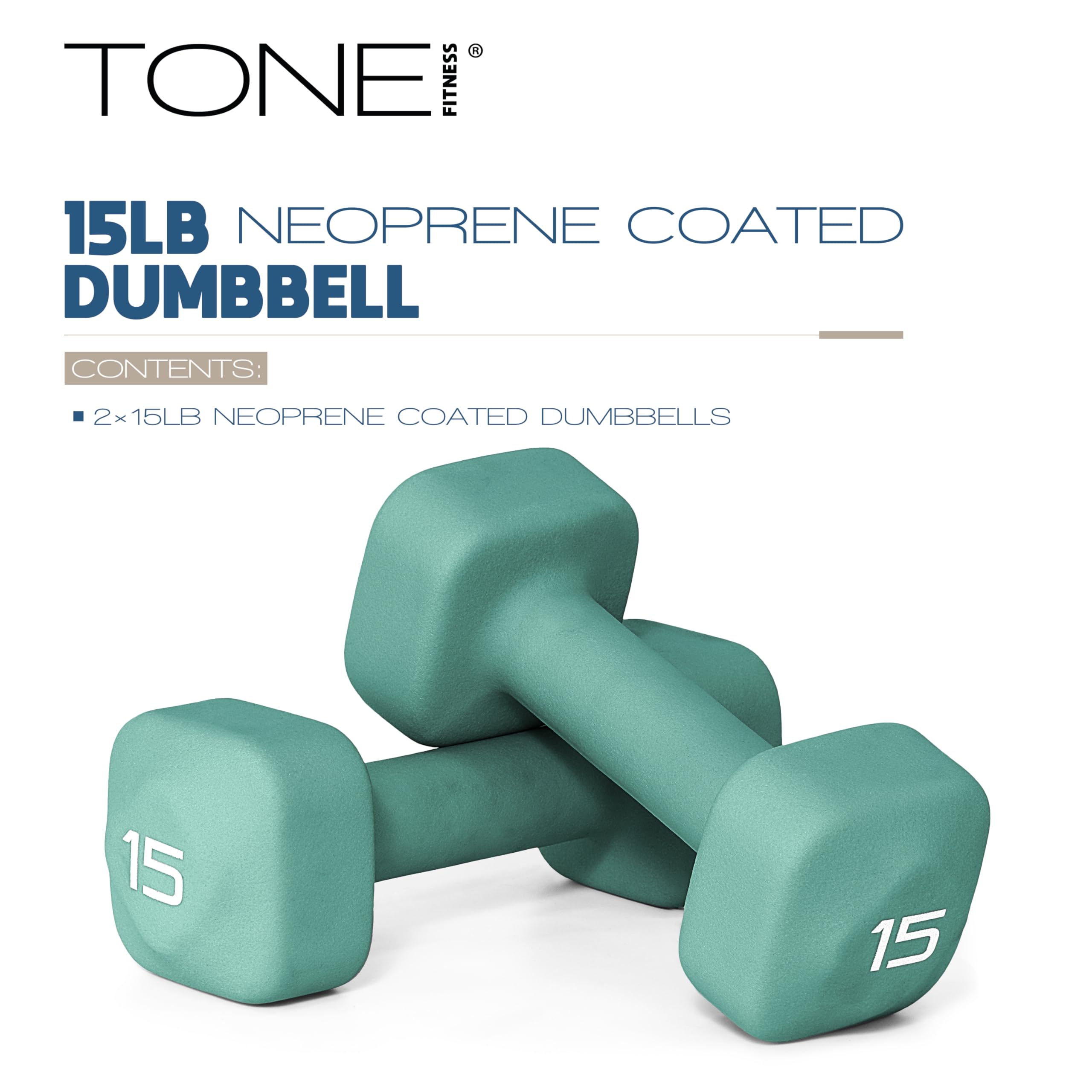 Tone Fitness 15 lb Neoprene Dumbbell Pair for Home Workouts - Non-Slip Design - Teal
