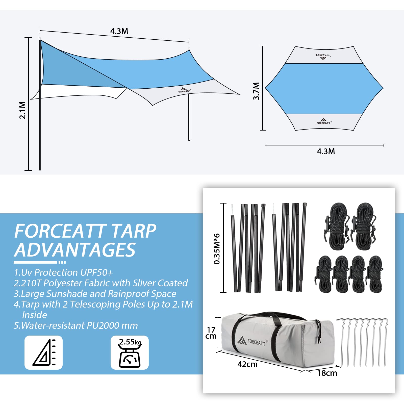 Forceatt 12X14Ft Tarp With 2 Poles, Waterproof Anti-Uv Camping Tarp Car Awning (Upf50+), Lightweight Sun Shelter For Car, Tent A