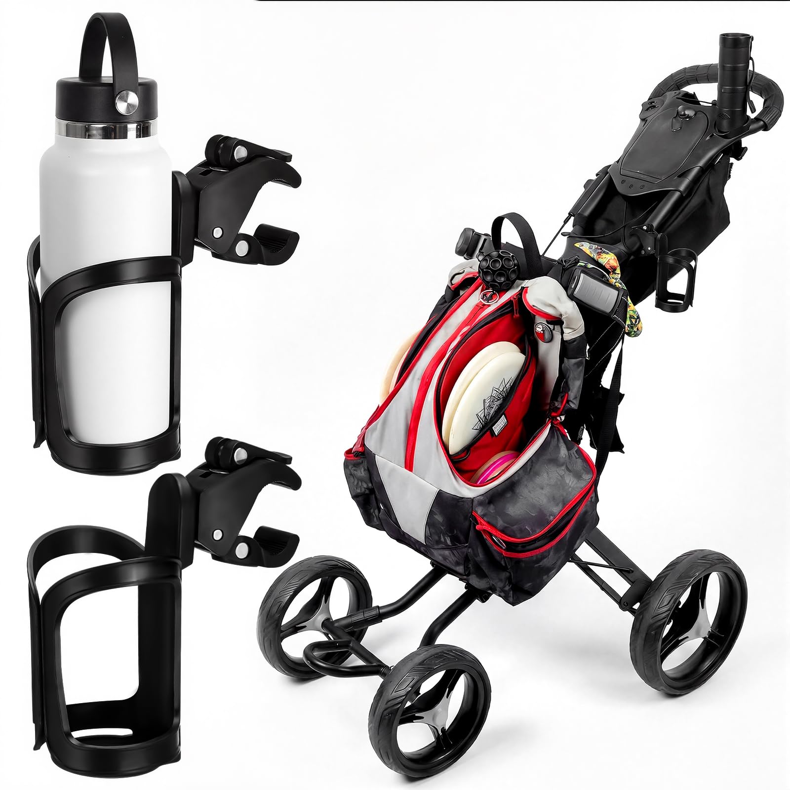 BBTO Disc Golf Cart Cup Holder, Super Large Capacity Fits up to a 40oz Bottle, Universal Disc Golf Push Cart Clip on Drink Holde