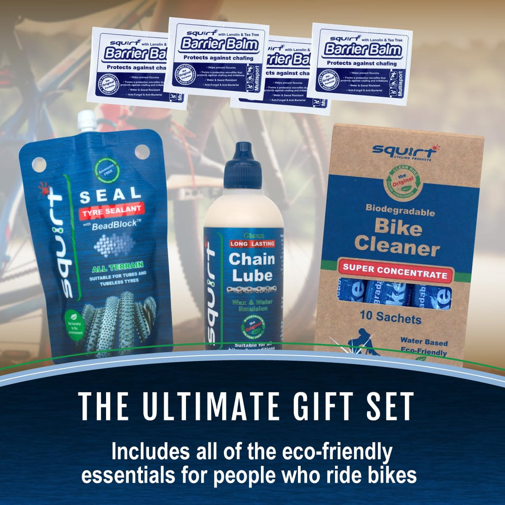 Squirt Bike Care Essentials Kit - Long-Lasting Bike Chain Lube (120Ml), Bike Cleaner Sachets For All Bike Parts, Tire Sealant Po