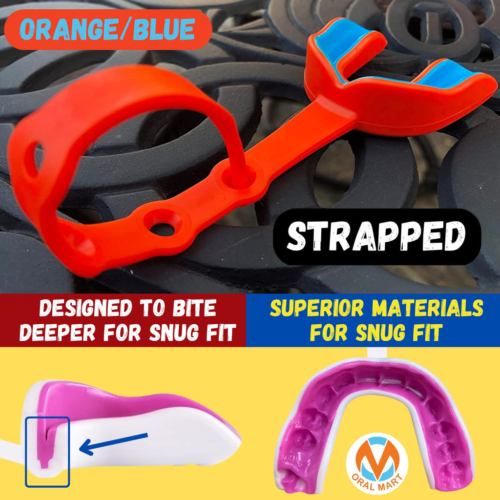 Oral Mart Orange/Blue Strapped Youth Mouth Guard For Kids - Sports Mouthguard With Strap For Football, Ice Hockey, Lacrosse, Tae