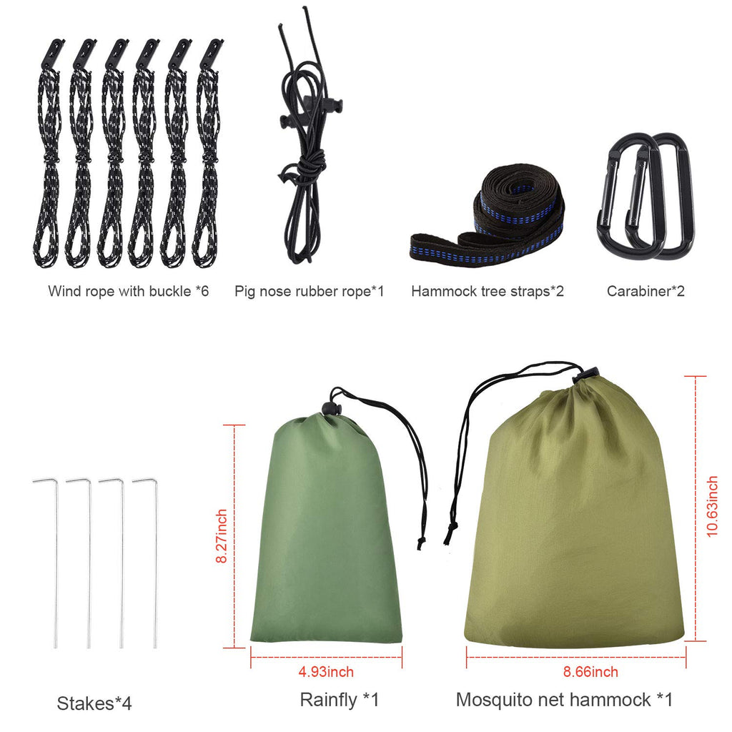 Firiner Camping Hammock With Rain Fly Tarp And Mosquito Net Tent Tree Straps, Portable Single Double Nylon Parachute Hammock Rai