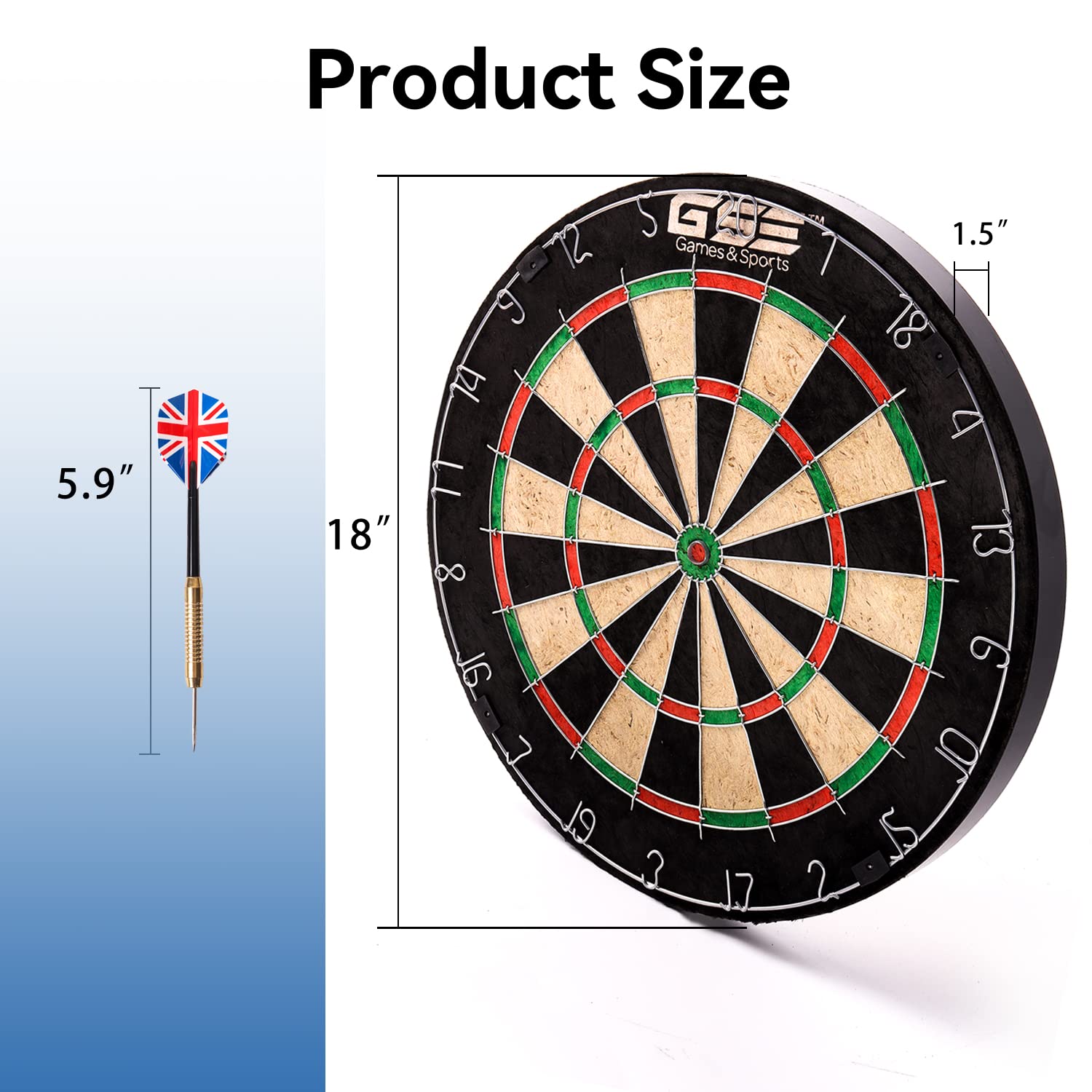 Gse 18'' Dart Board Set, Professional Self-Healing Bristle Dart Board Games Set With Six 17 Grams Steel Tip Darts, Regulation Si