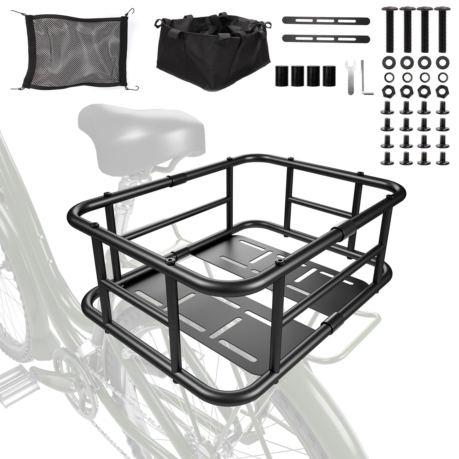 Bike Basket Rear, Bicycle Basket with Liner,Waterproof Cover,Cargo Net, Large Bike Back Baskets, Heavy Duty Rear Bicycle Baskets
