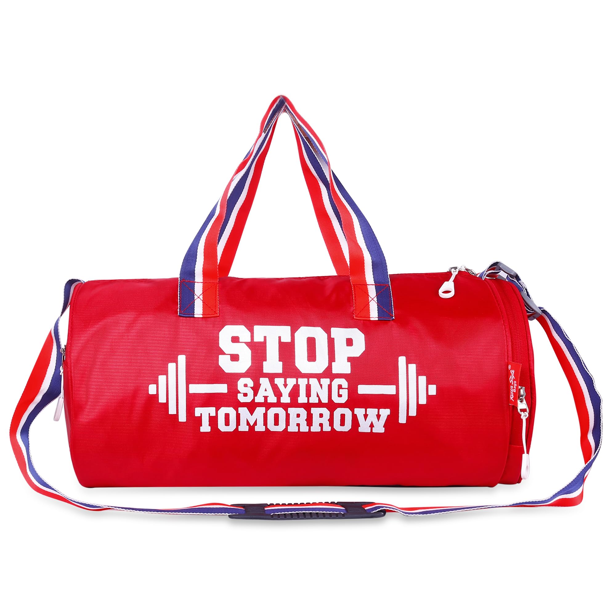 Gym Duffle Bag With Shoe Compartment, Motivational Quote Design, Red And Blue Striped Handles, Sports Gear Storage