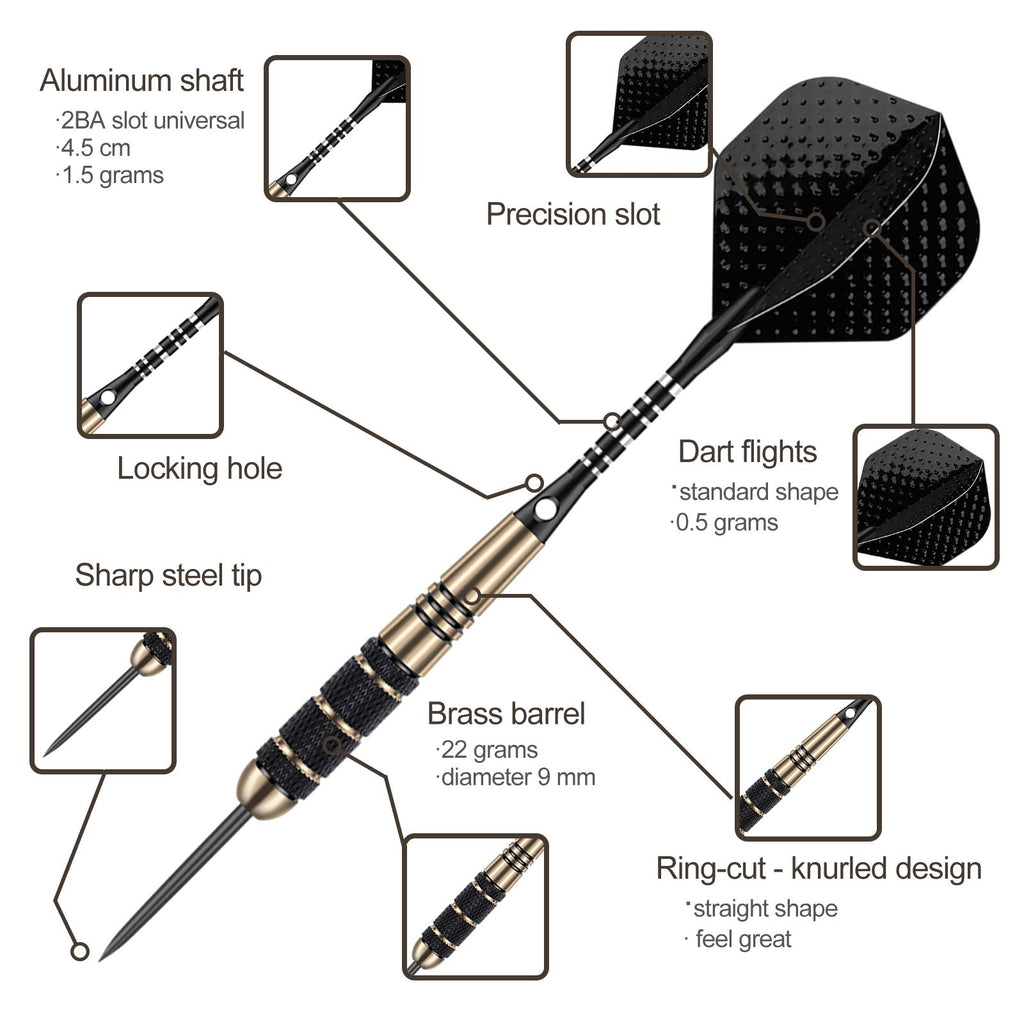 Sanfeng Steel Tip Darts Set For Dartboard, Professional Darts With Metal Tip 24 Grams, Brass Barrel + Black Aluminium Nylon Shaf