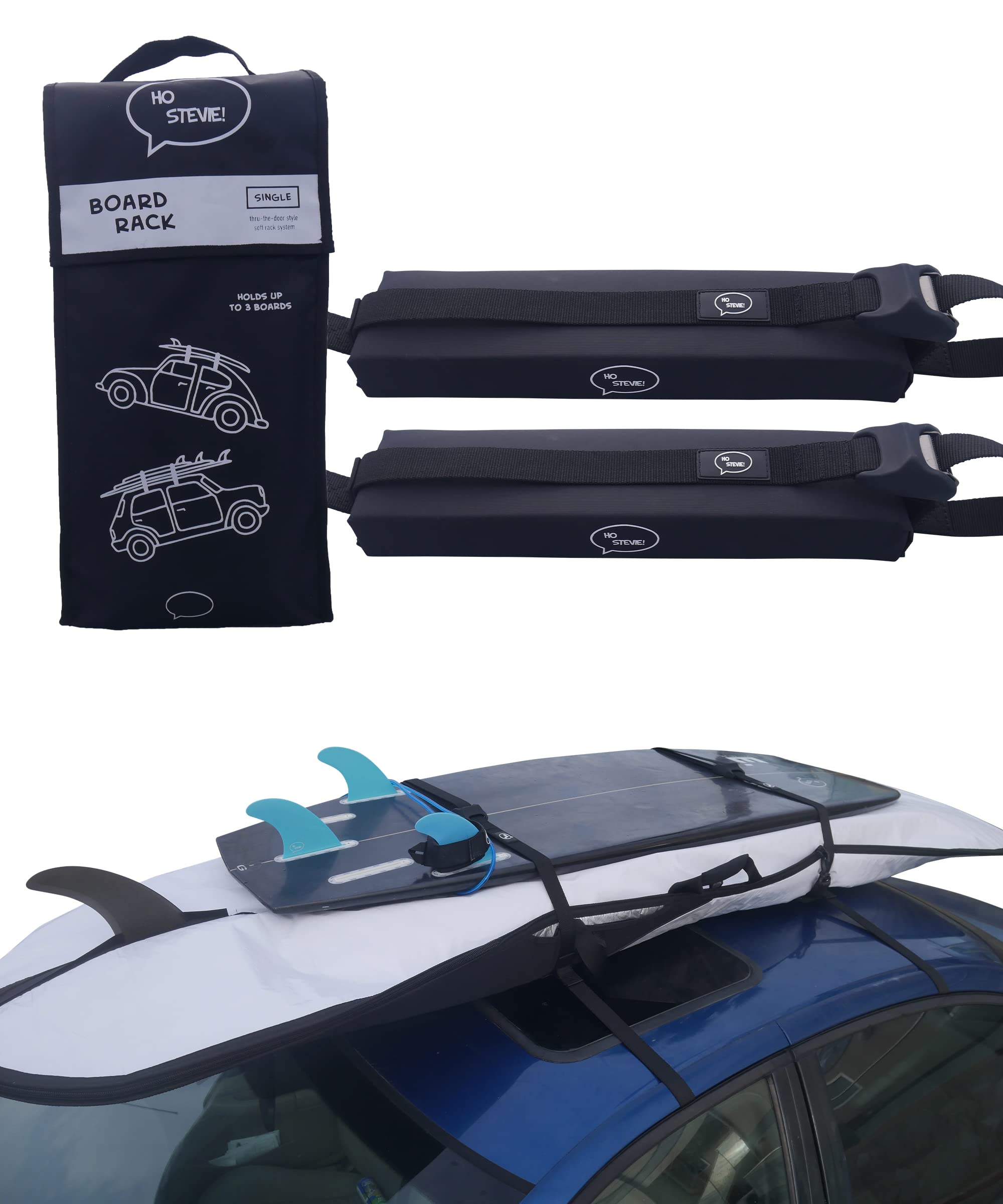 Ho Stevie! Surfboard Car Roof Rack Padded System (Holds Up To 3 Boards) With Silicone Buckle Covers