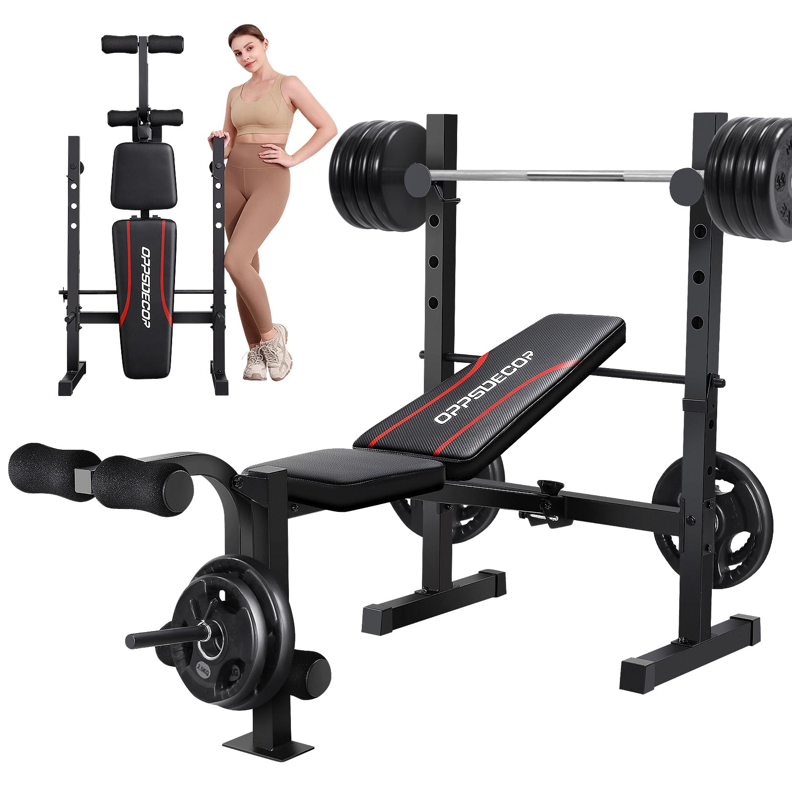 Oppsdecor Standard Adjustable Weight Bench Set, Bench Press With Squat Rack & Leg Extension And Leg Curl Workout Bench For Home