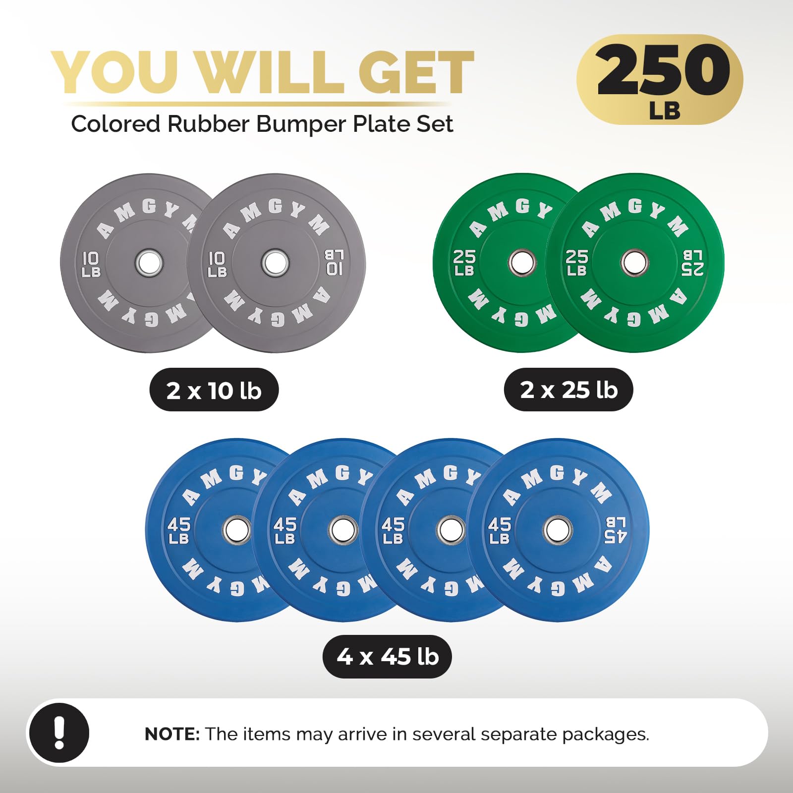 Amgym Color Olympic Bumper Plate, Weights Plates, Bumper Weight Plate, Steel Insert, Strength Training(250Lb Set)