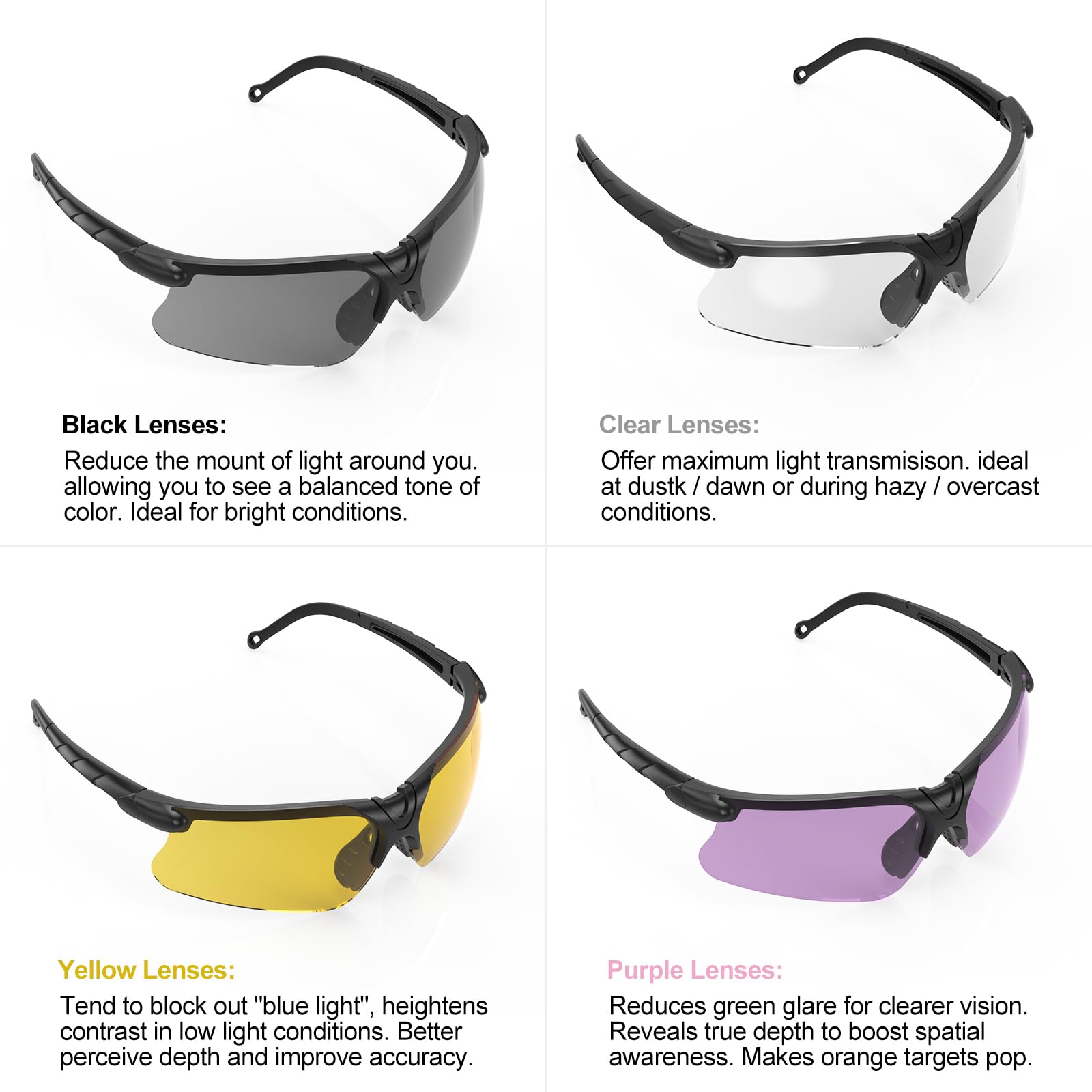 Xaegistac Shooting Glasses With Case Anti Fog Hunting Safety Glasses For Men Women (Purple Lens Black Frame)