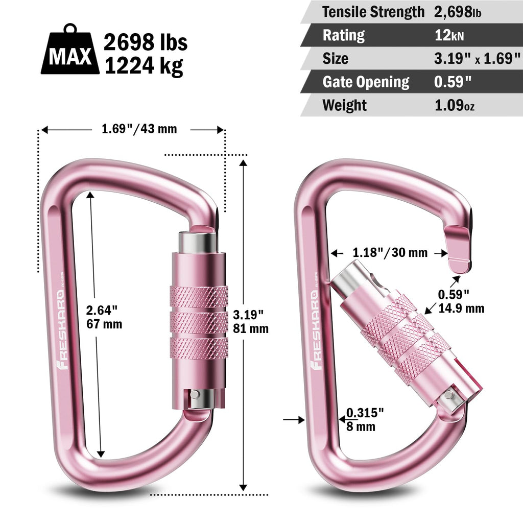 Freskaro 3Inch Locking Carabiner Clips With A Twist Auto Lock, Heavy Duty Rated 2698Lbs, Lightweight & Rustproof 7075 Aluminum,