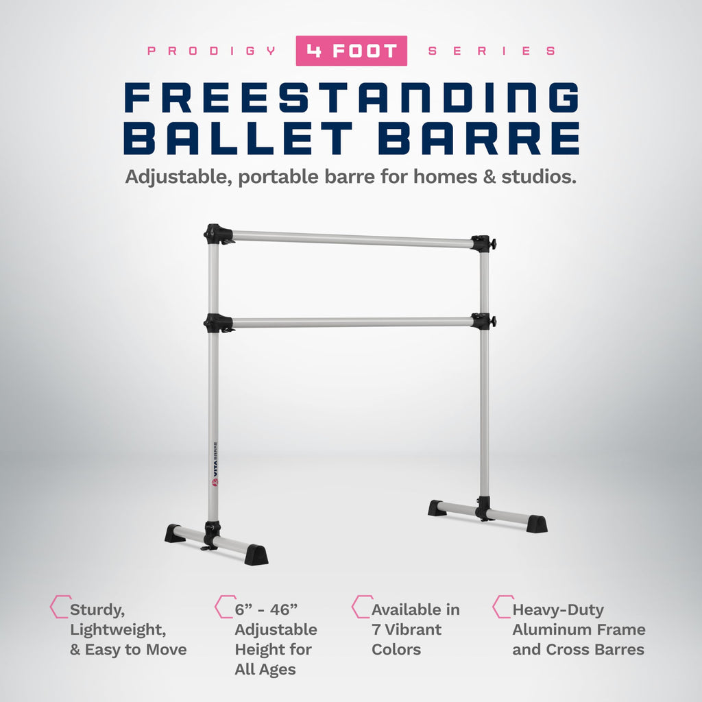 Vita Barre Portable Freestanding Double Ballet Barre, Prodigy, 4 Ft Bars, Satin Silver  Adjustable Height, Usa Made, Home Or Gym