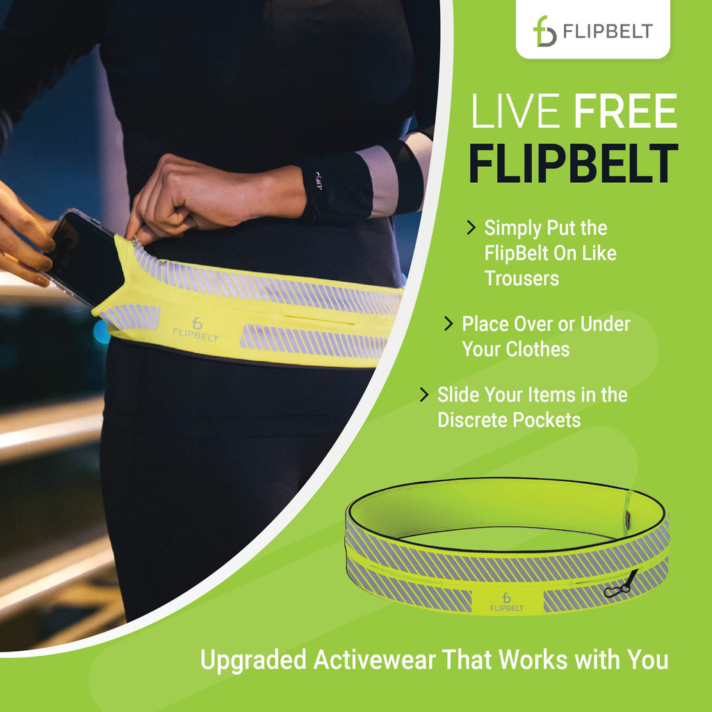 FlipBelt Classic Running Belt for Phone and Small Accessories, Exercise Waist Pouch for Women and Men, XS, Reflective Neon Yello