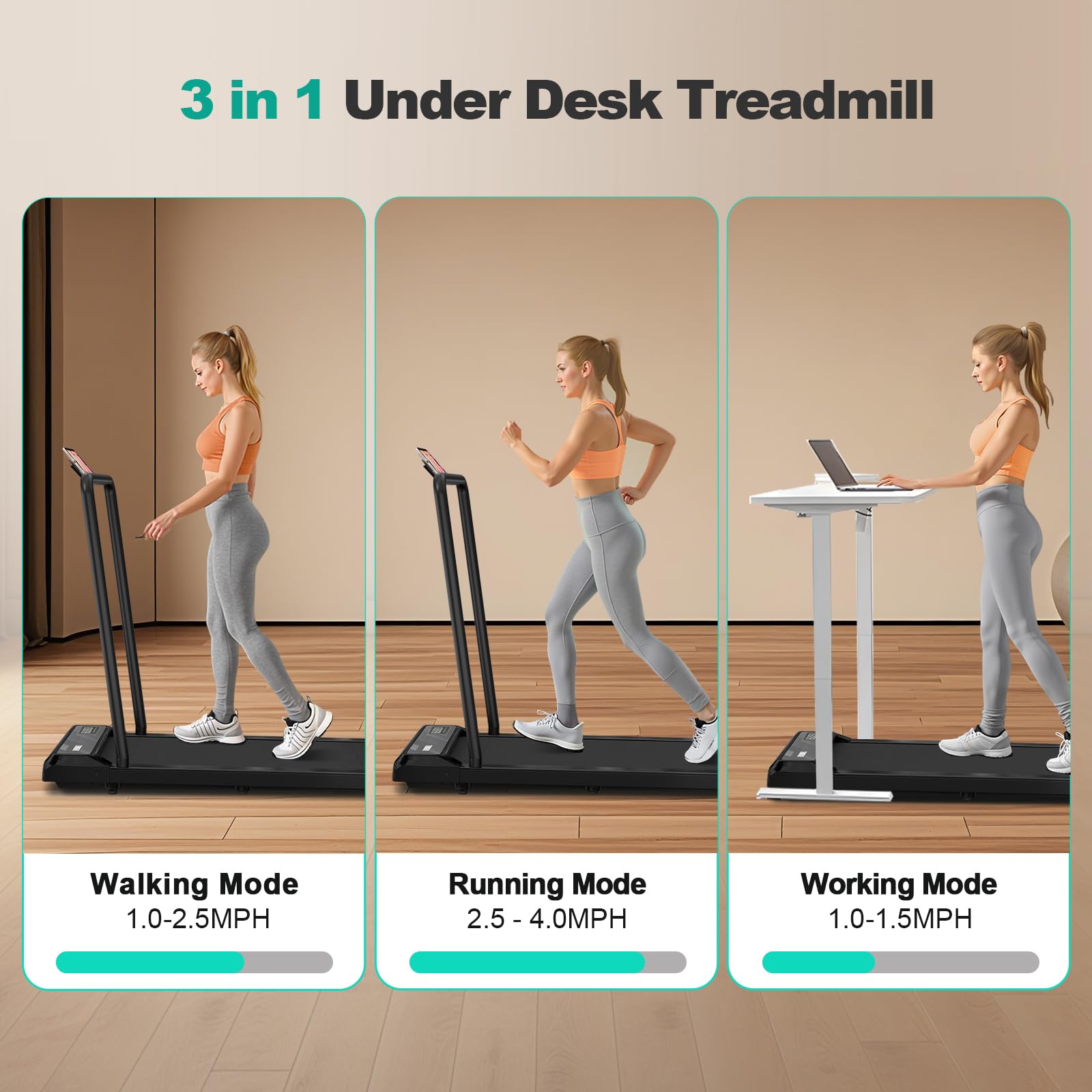MoonFox Walking Pad Treadmill, 3 in 1 Under Desk Treadmill for Home Office w/2.5HP Motor/4.0MPH/45dB, Walking Pad w/Safety Handl